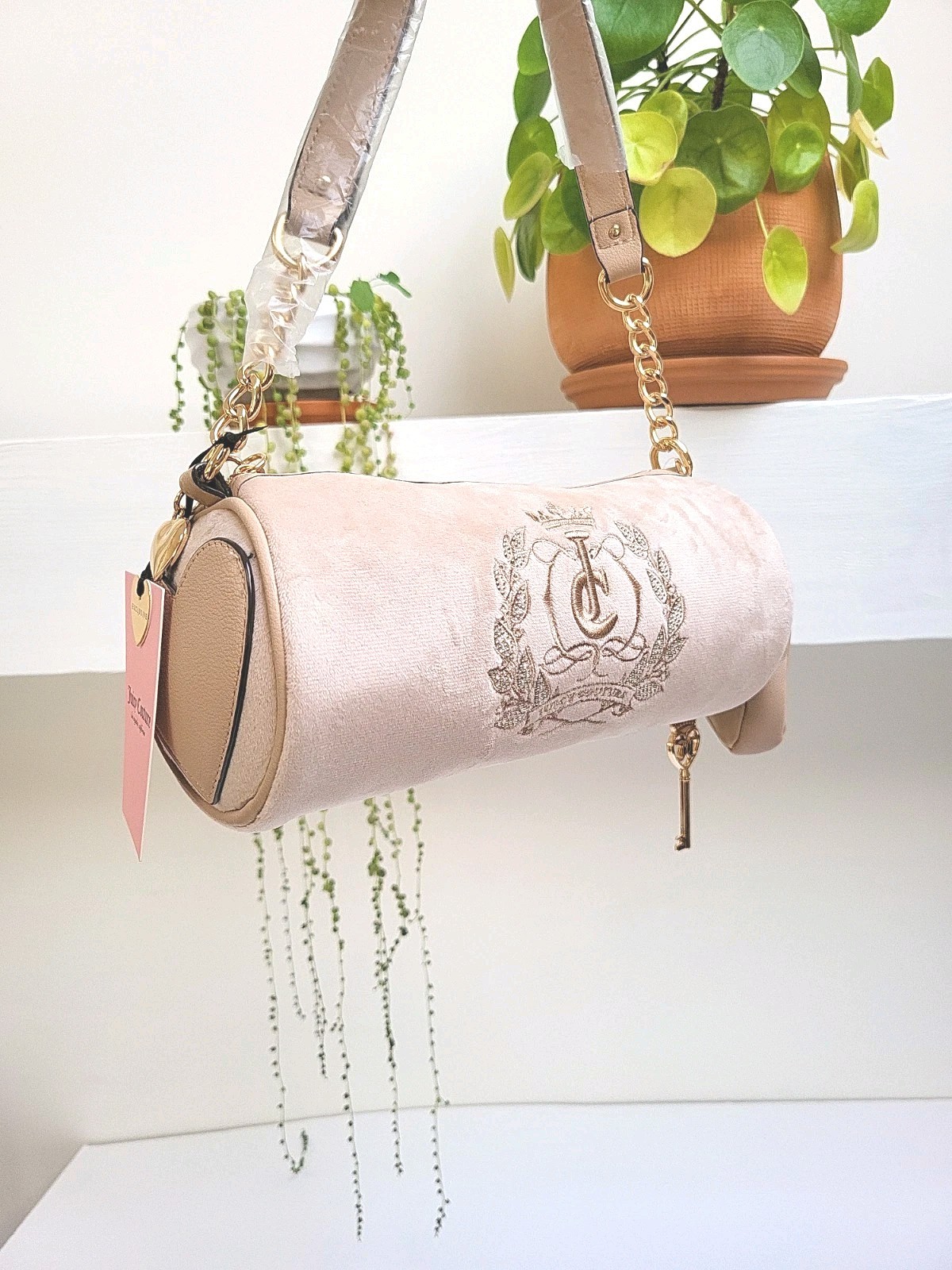 Juicy Couture Buff Beige Cylinder Barrel Y2K Satchel Gold Chain Embroidered NWT
