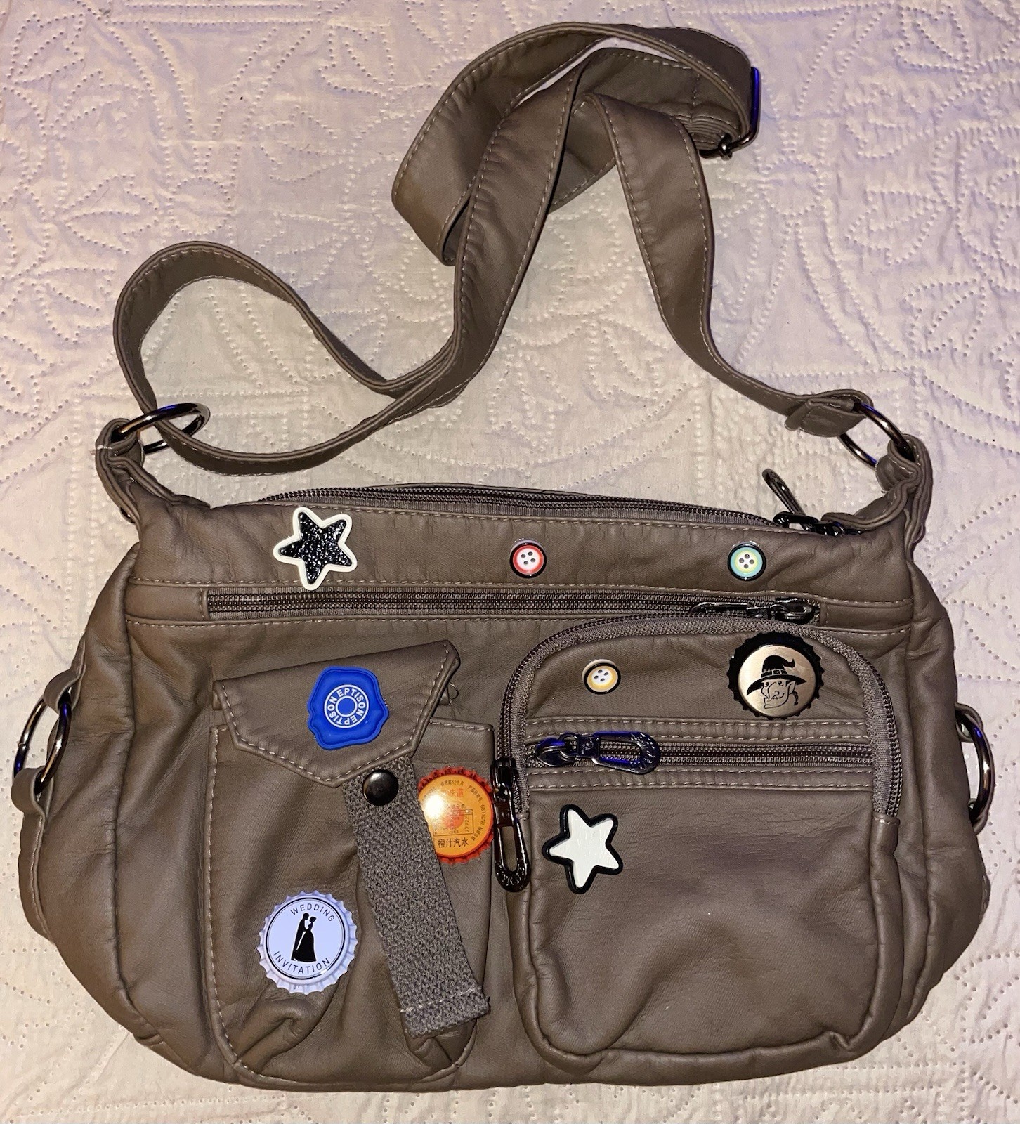 Yuyi Chen Crossbody Bag Bottle Caps Buttons Purse Y2K 90s Taupe Nylon Easy Clean