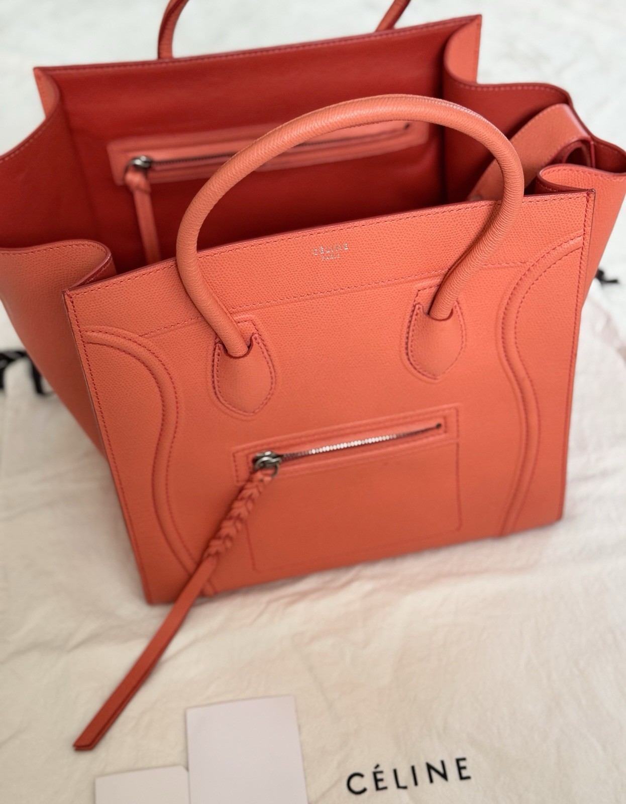 100% AUTHENTIC CELINE Luggage Phantom Bag in Coral Orange – Grained Leather