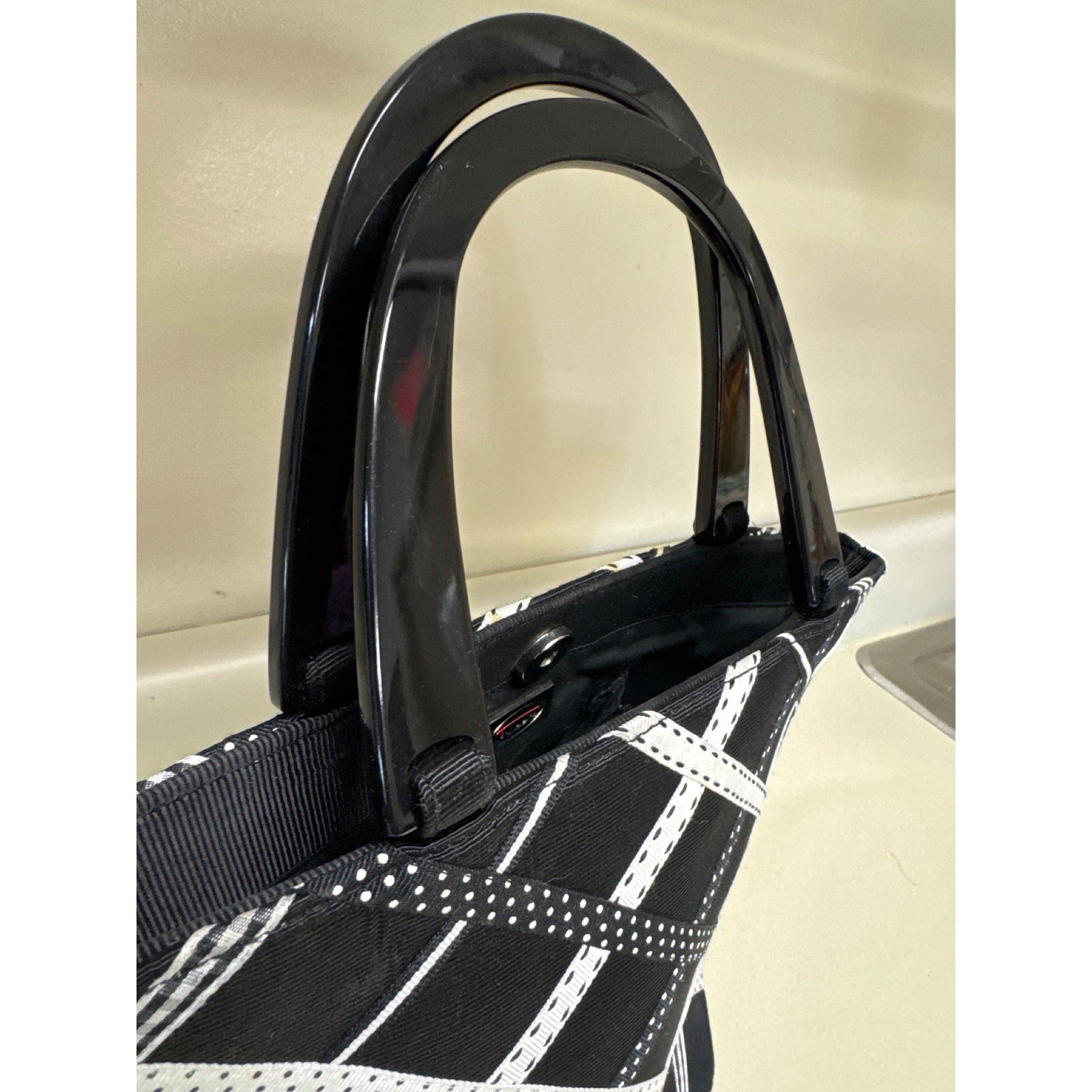 Talbots Womens Black White Lattice Ribbon Tote Bag Small Handbag Resin Handles