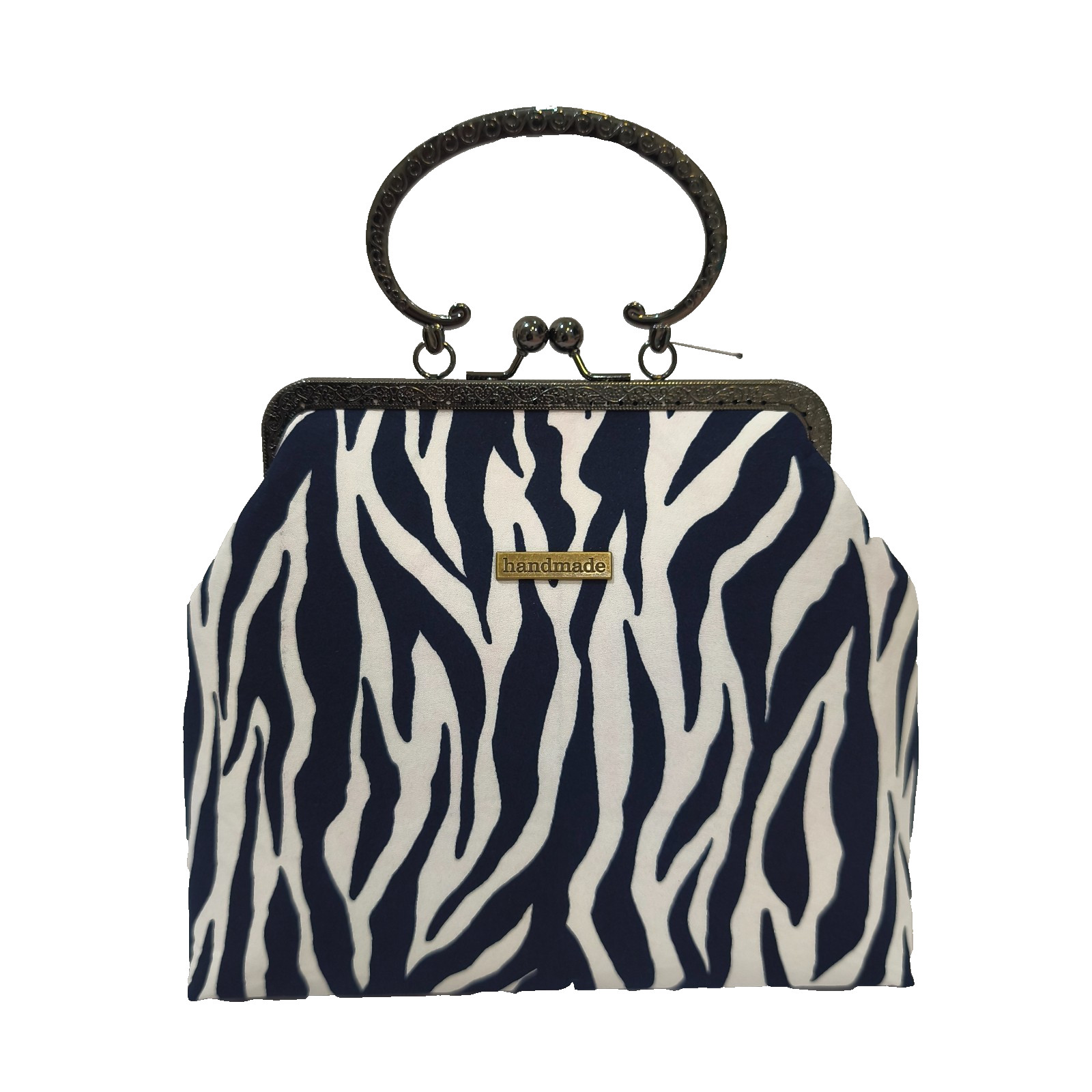 Handmade Zebra Print Kiss Lock handbag Clutch | Vintage Metal Frame Evening Bag