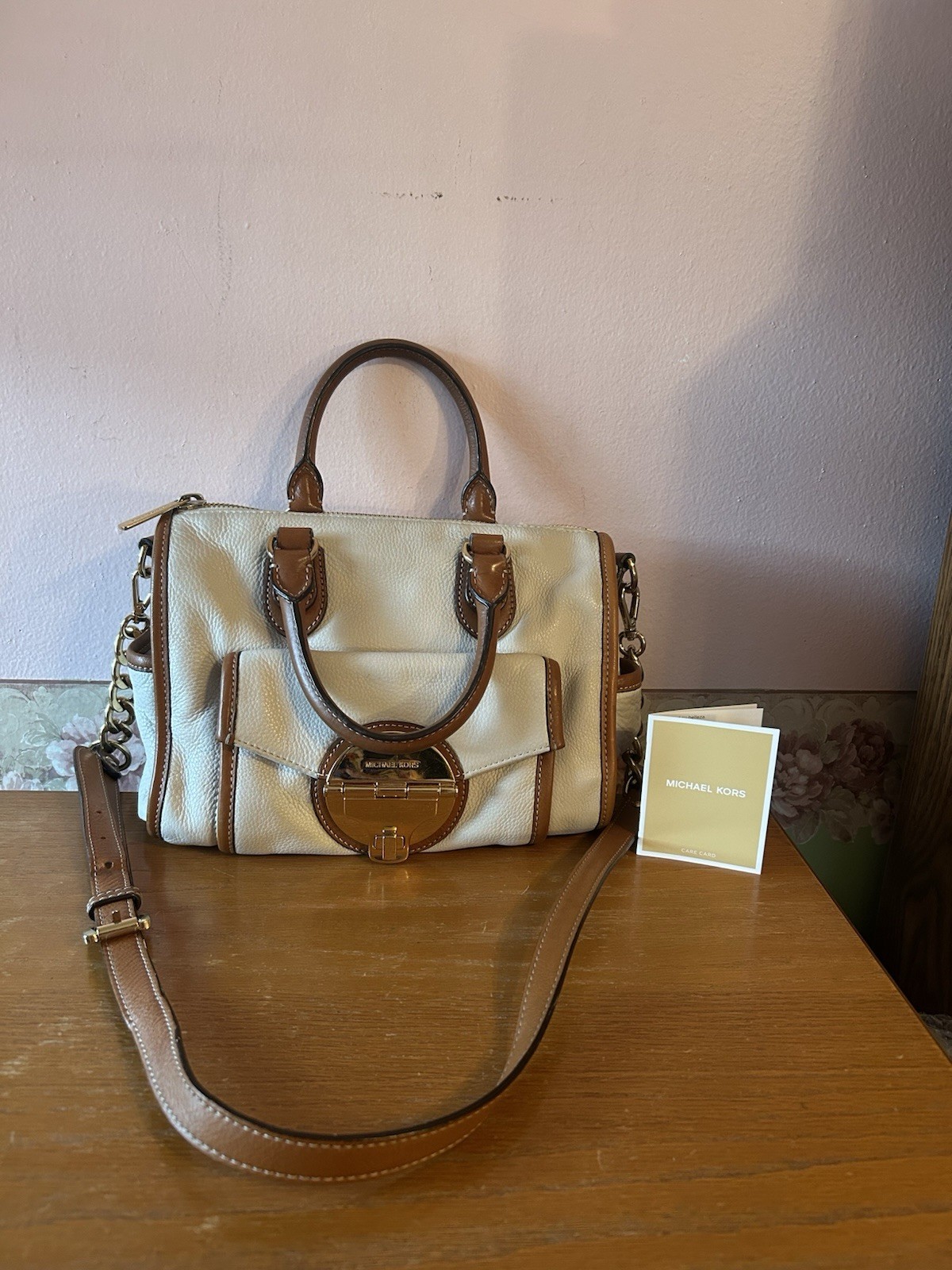 Michael Kors Cream/Camel Jenna Margo Pebbled Leather Purse