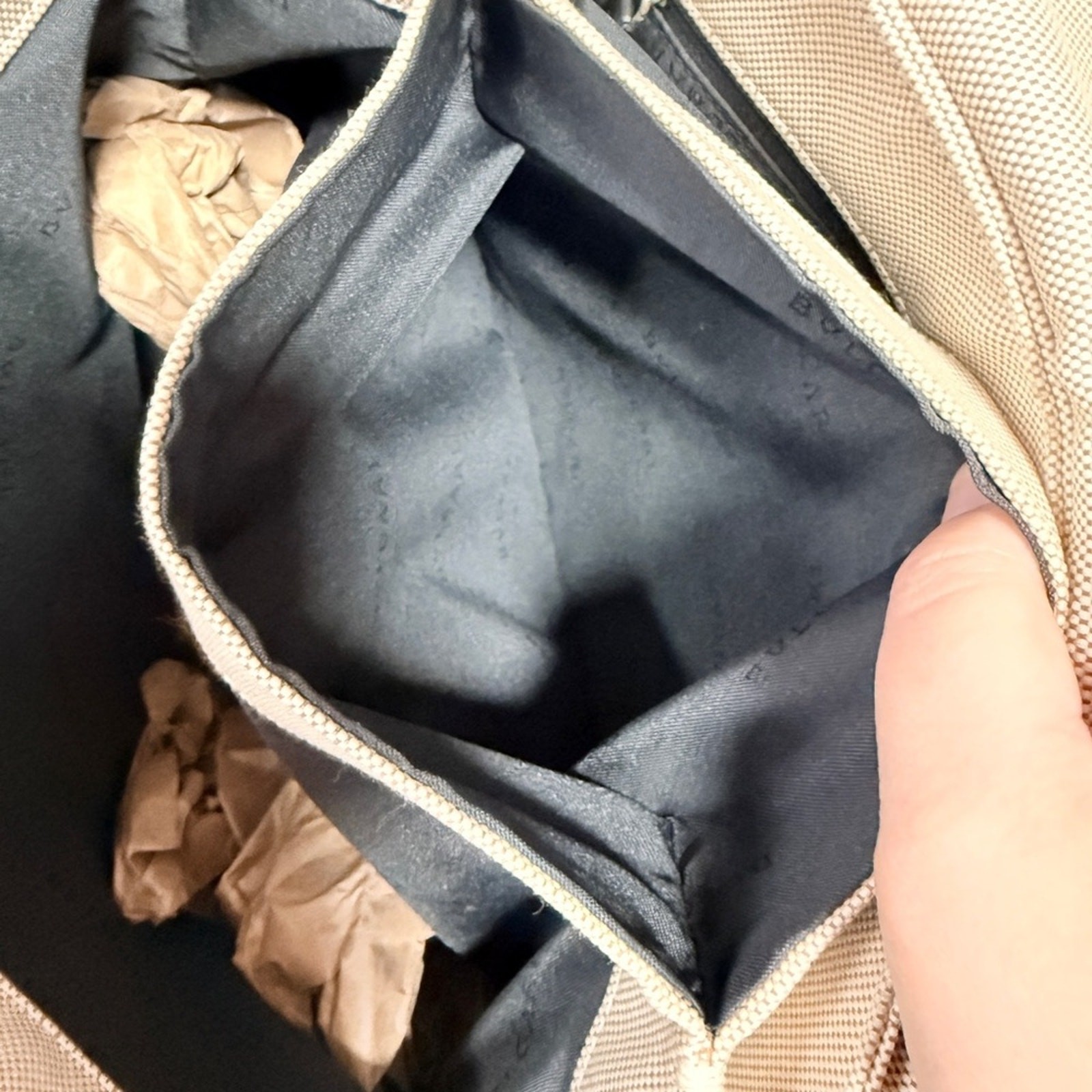 Bulgari Black Leather and Cream Canvas Bag