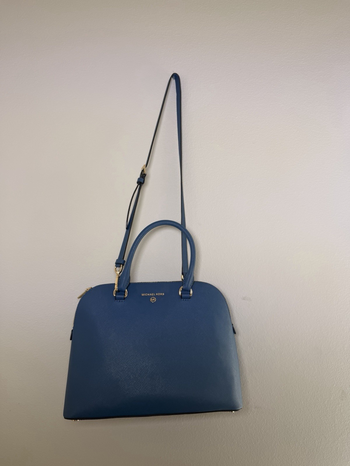 Michael Kors Large Dome Satchel Blue Zip Top w/ Crossbody Strap, Gold Logo