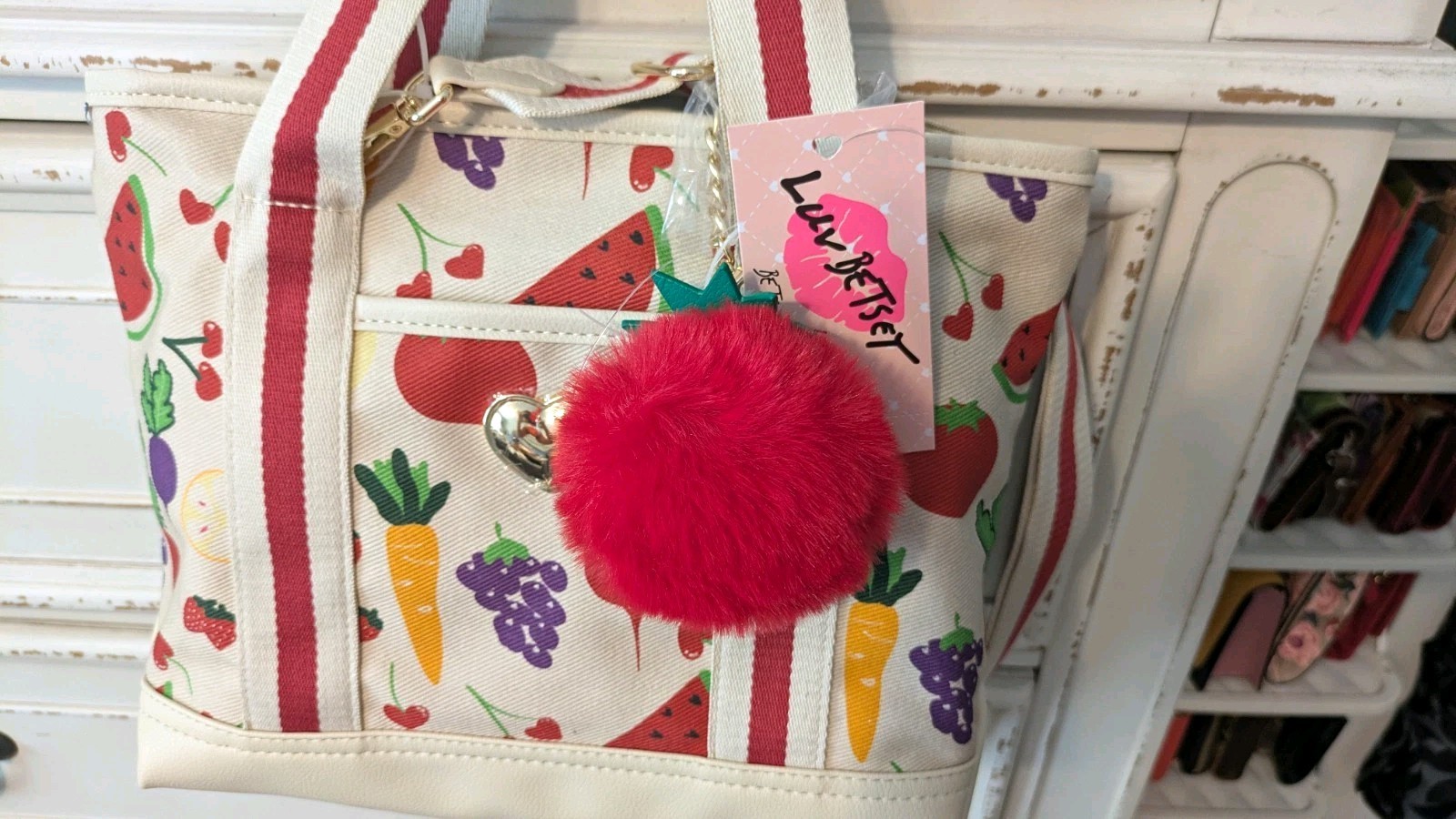 NWT Betsey Johnson Luv Betsey Medium Fruit Print Satchel Tote Zip w/ Charm
