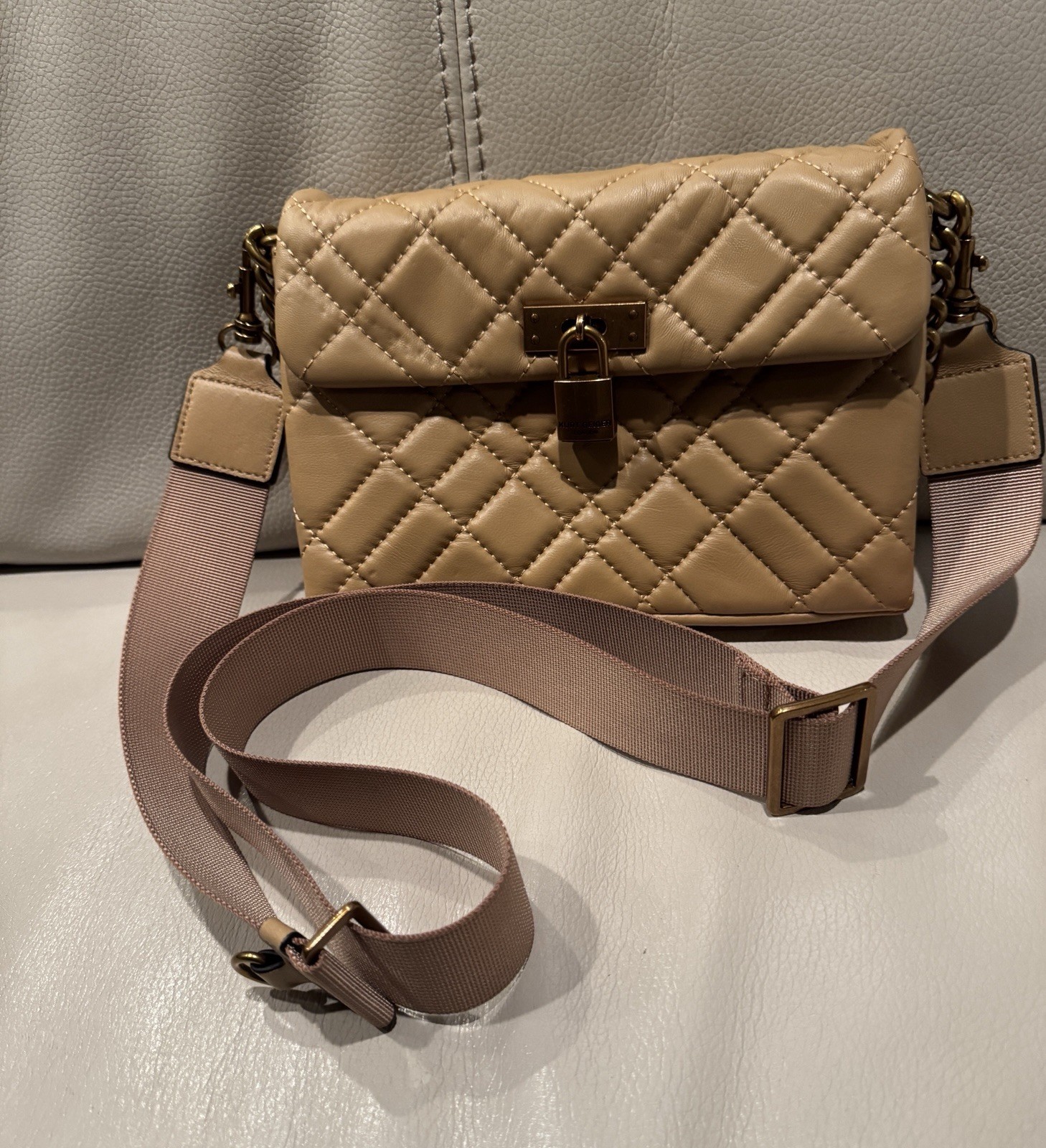 Kurt Geiger “The Brixton” Quilted Tan Crossbody Bag with removable Strap