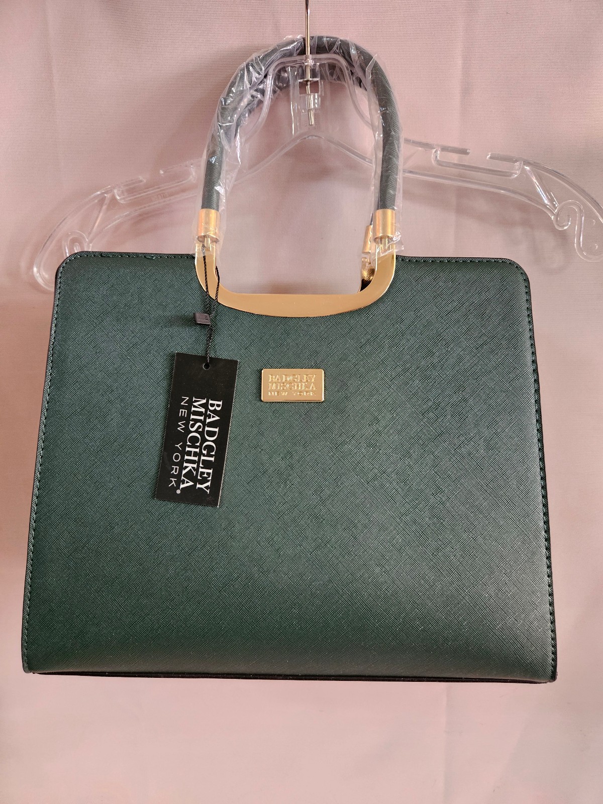 Badgley Mischka Emerald Collection Louise Saffiano Green Satchel Handbag Handles