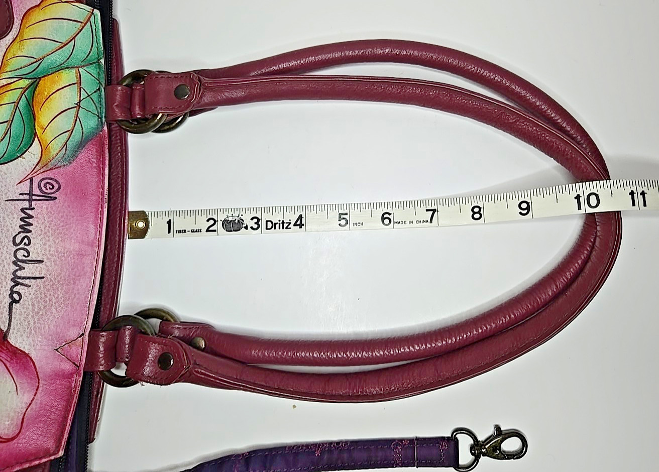 Anuschka Floral Rose Large Leather Shoulder Hand Bag Burgundy Pink Red Painted
