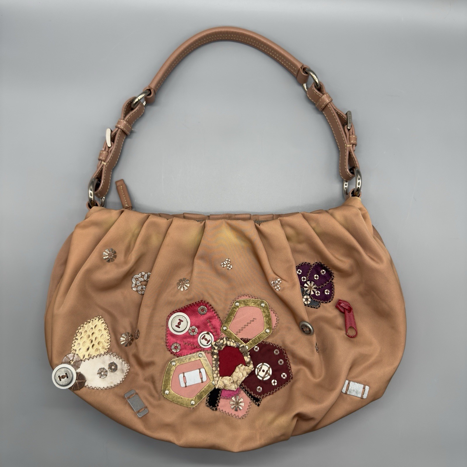 Prada Tessuto Pink Beige Floral Motif Nylon Shoulder Bag Made in Italy