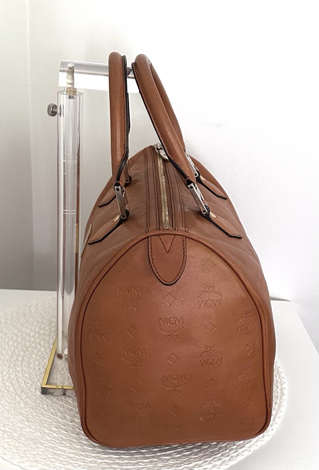 AUTHENTIC MCM Emboss Empreinte Cognac Boston Speedy Satchel Luxury Handbag HTF
