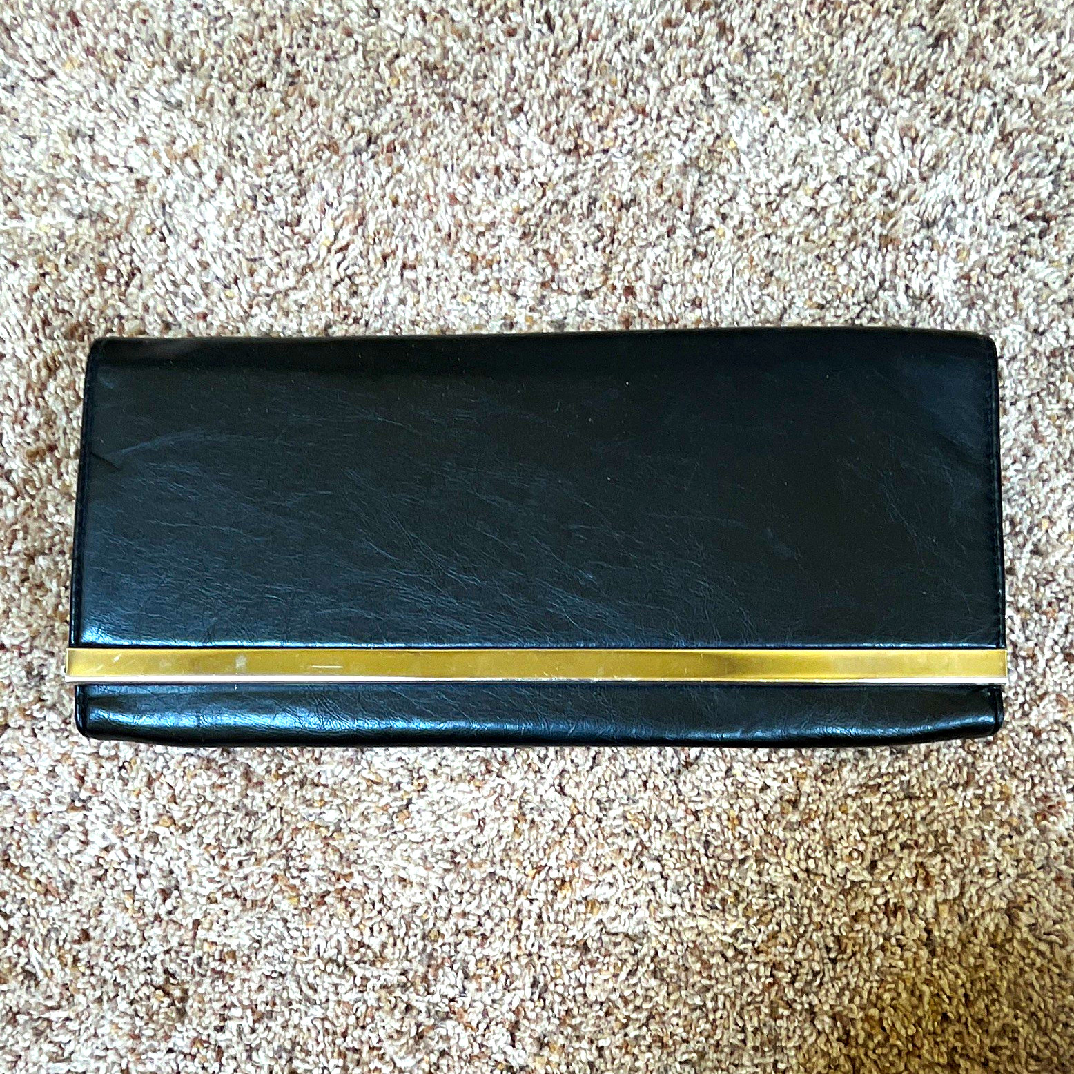Lulu Townsend Black Clutch Evening Bag, Gold Tone Hardware, Lined, Pockets