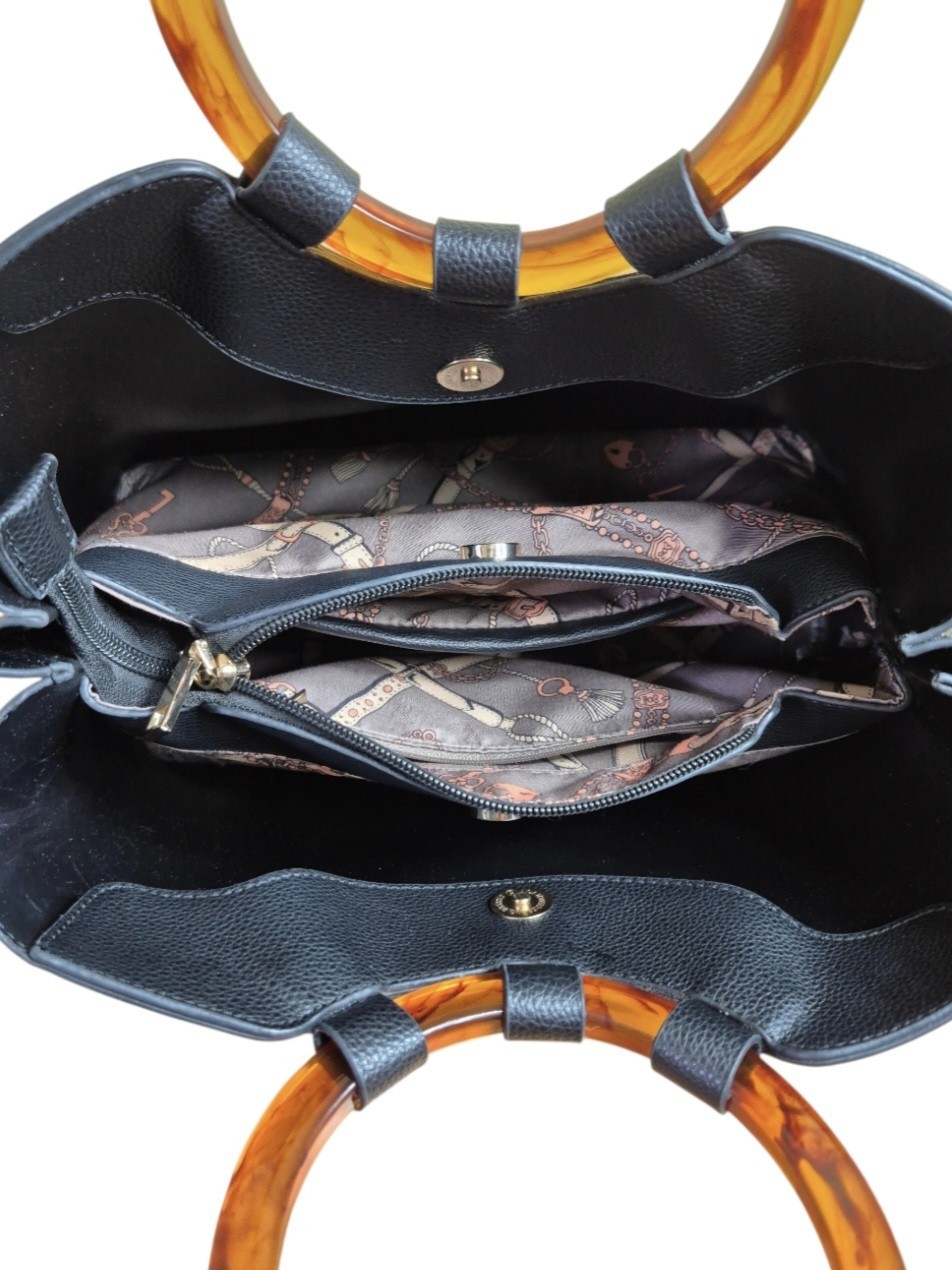Black Solid Handheld Bag with Tortoise Shell Handles