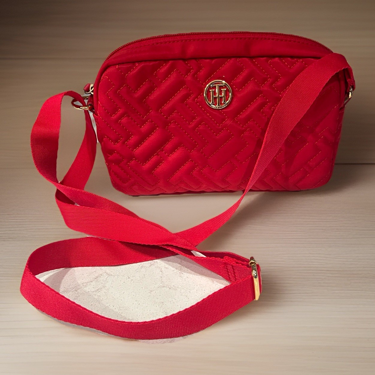 Tommy Hilfiger Camera Red Quilted Shoulder Bag with Gold Logo Accent & Stitching
