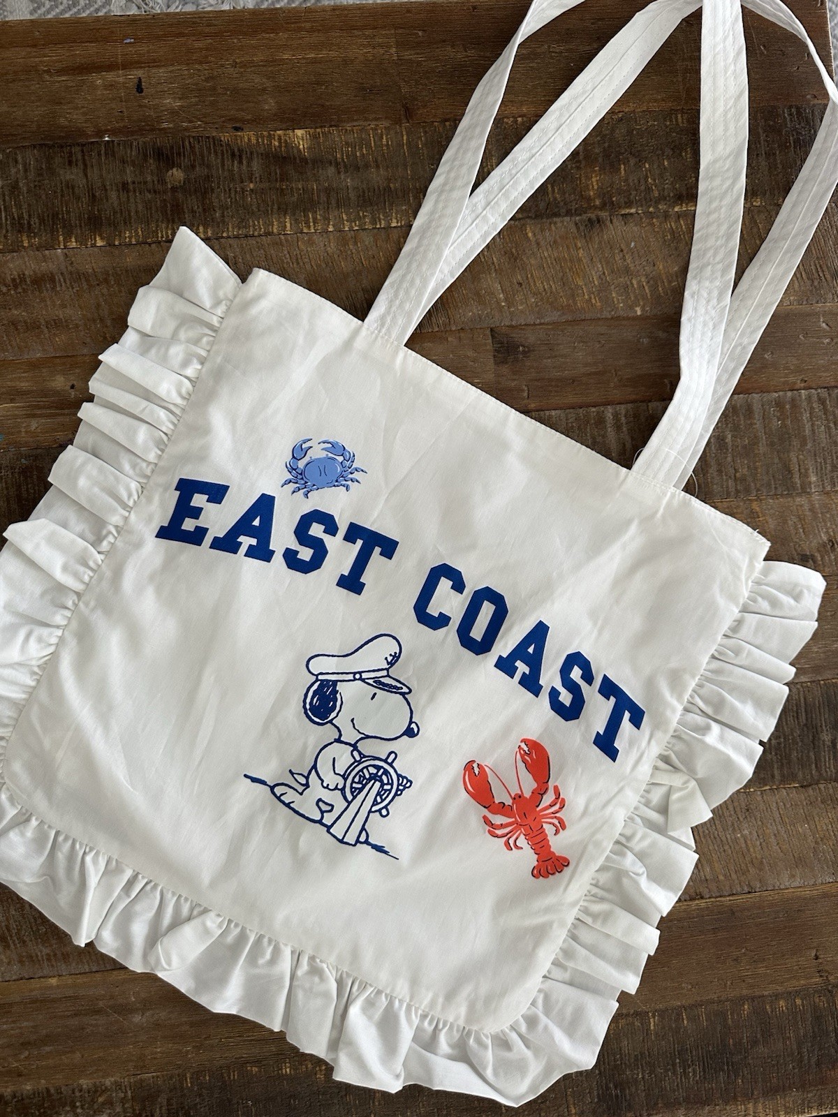 Women’s White Snoopy “East Coast” Graphic Print Ruffle Tote Bag, Open Top