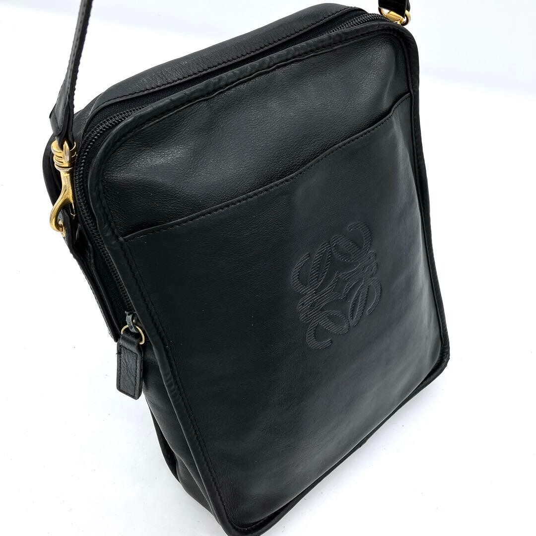 LOEWE Anagram Embossed Black Leather Shoulder Bag Gold Hardware Zip 27.5cm