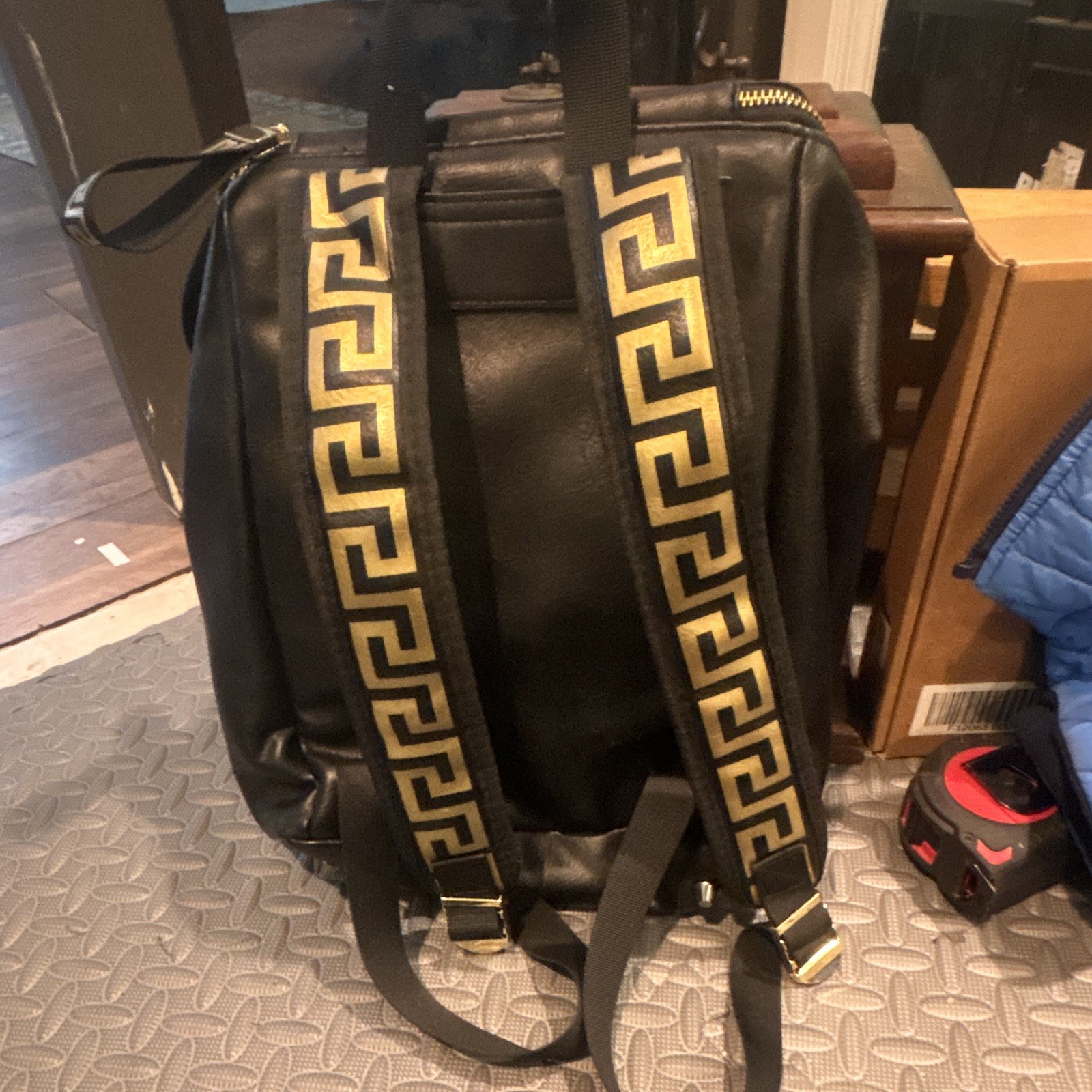 Versace Medusa Black Backpack Gold Greek Key Straps Zip Adjustable, Medium