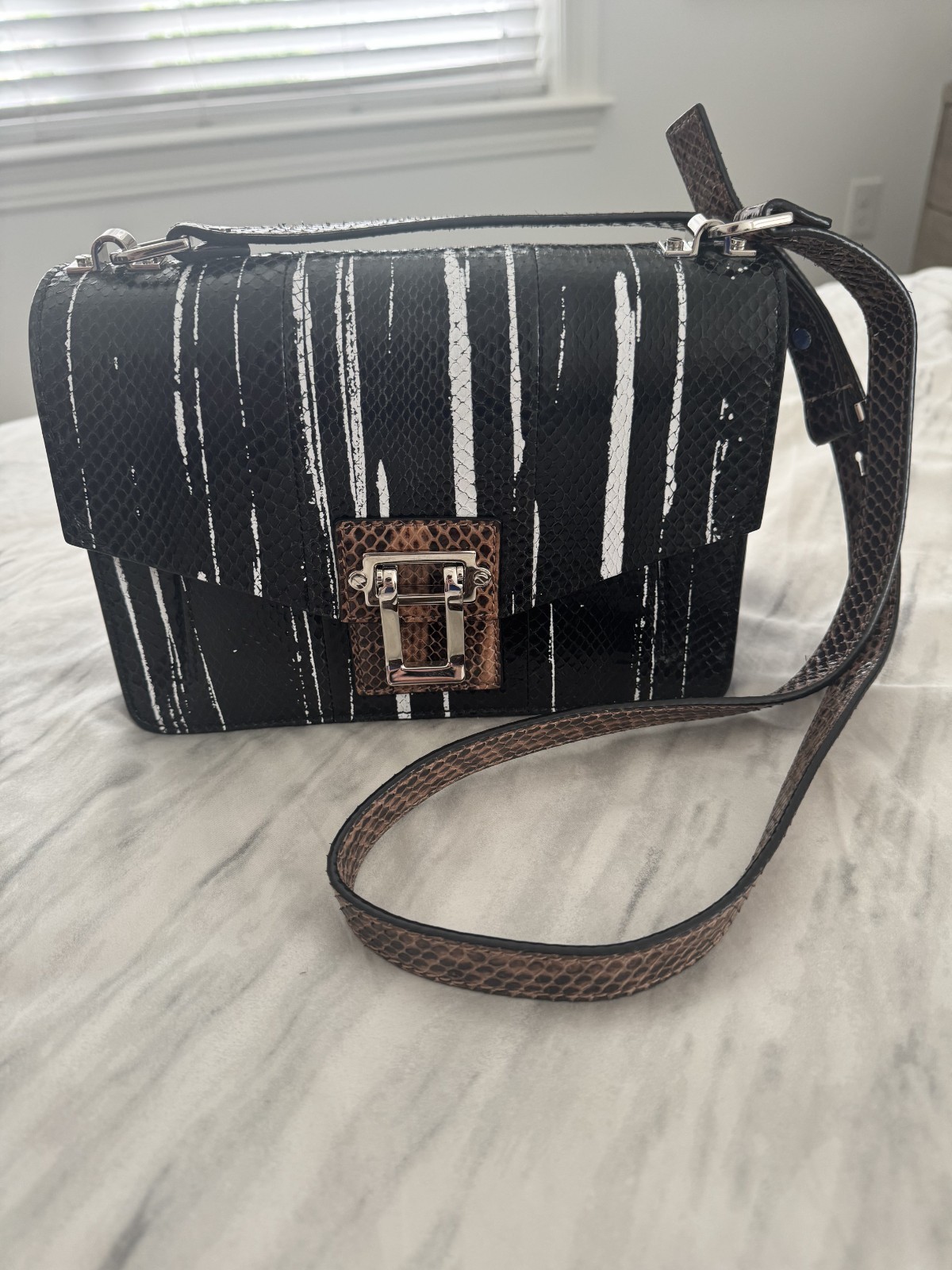 Proenza Hava Bleach Stripe Black/White/Blue/Brown Snakeskin and Leather