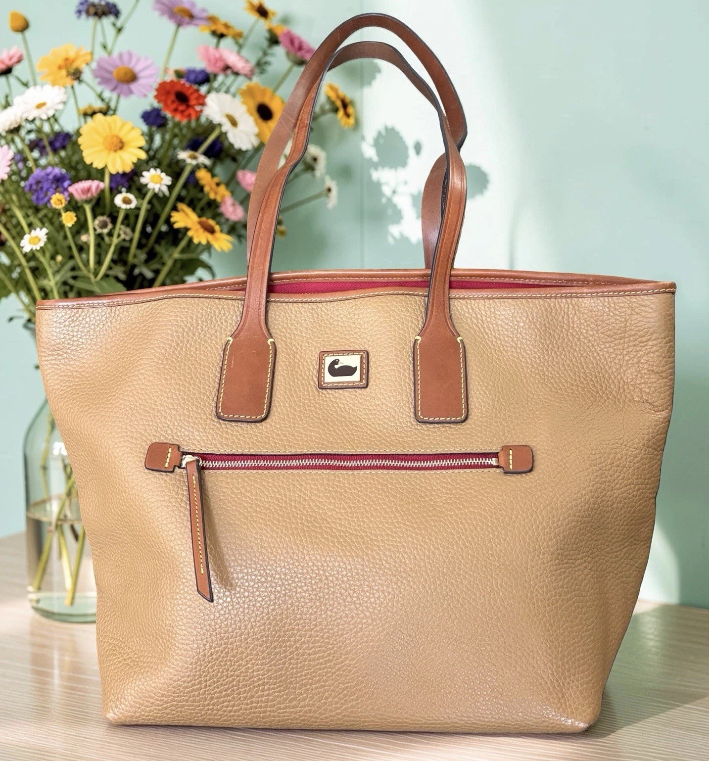 Dooney Bourke Camden Beacon Tan Brown Pebbled Leather Large Shopper Tote Bag