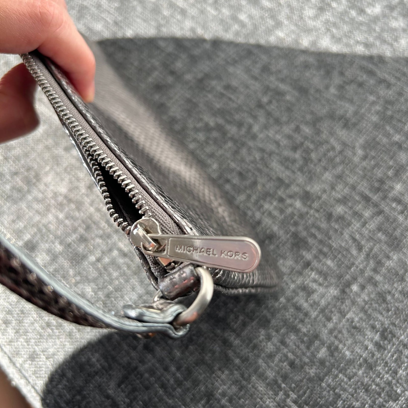 Michael Kors Metallic Snakeskin Effect Shoulder Bag Silver Small Purse Handbag