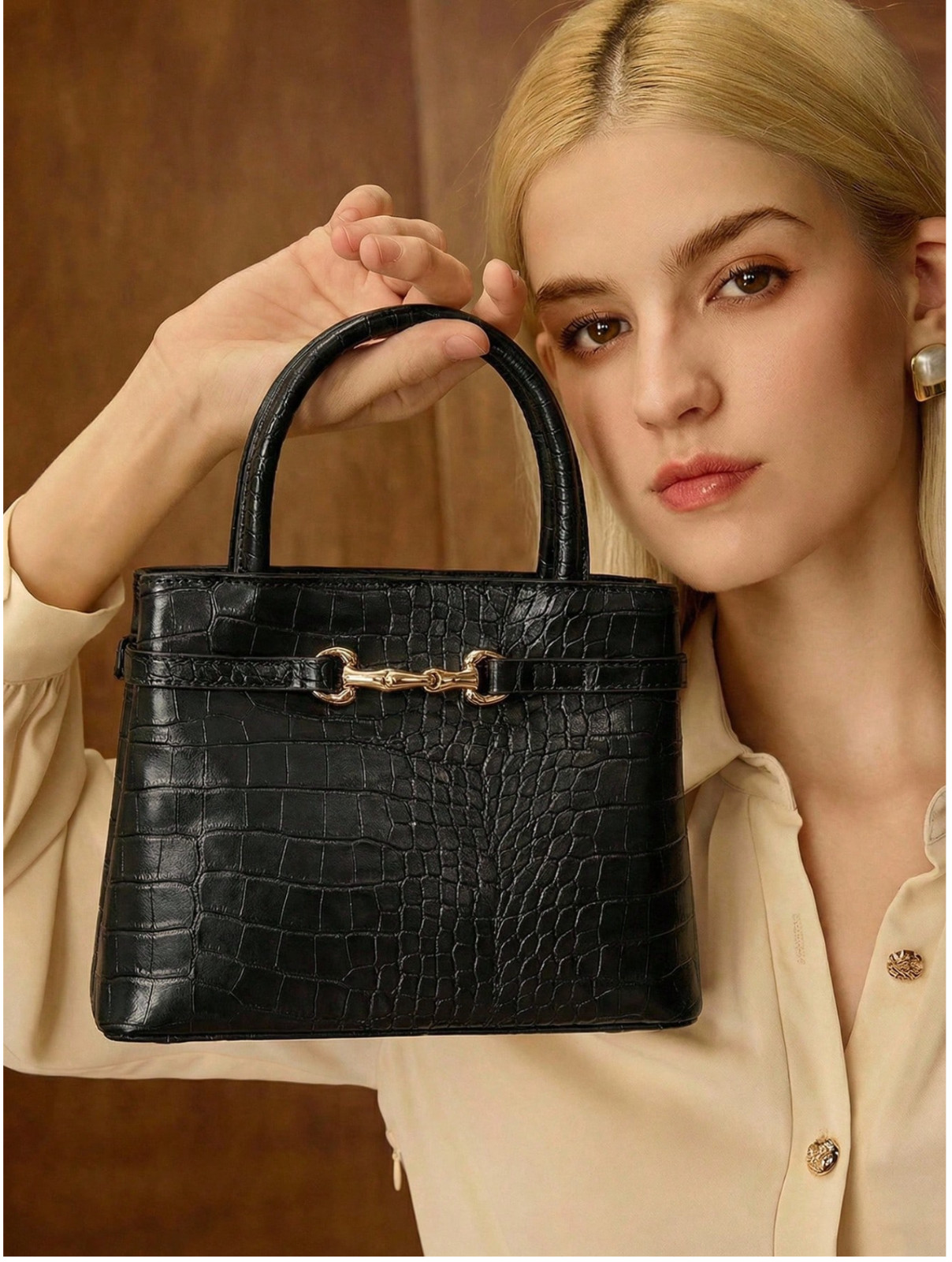 MOTFPREMIUM WOMEN BLACK SOLID TEXTURED METALLIC BUCKLE ACCENTED COMMUTER HANDBAG