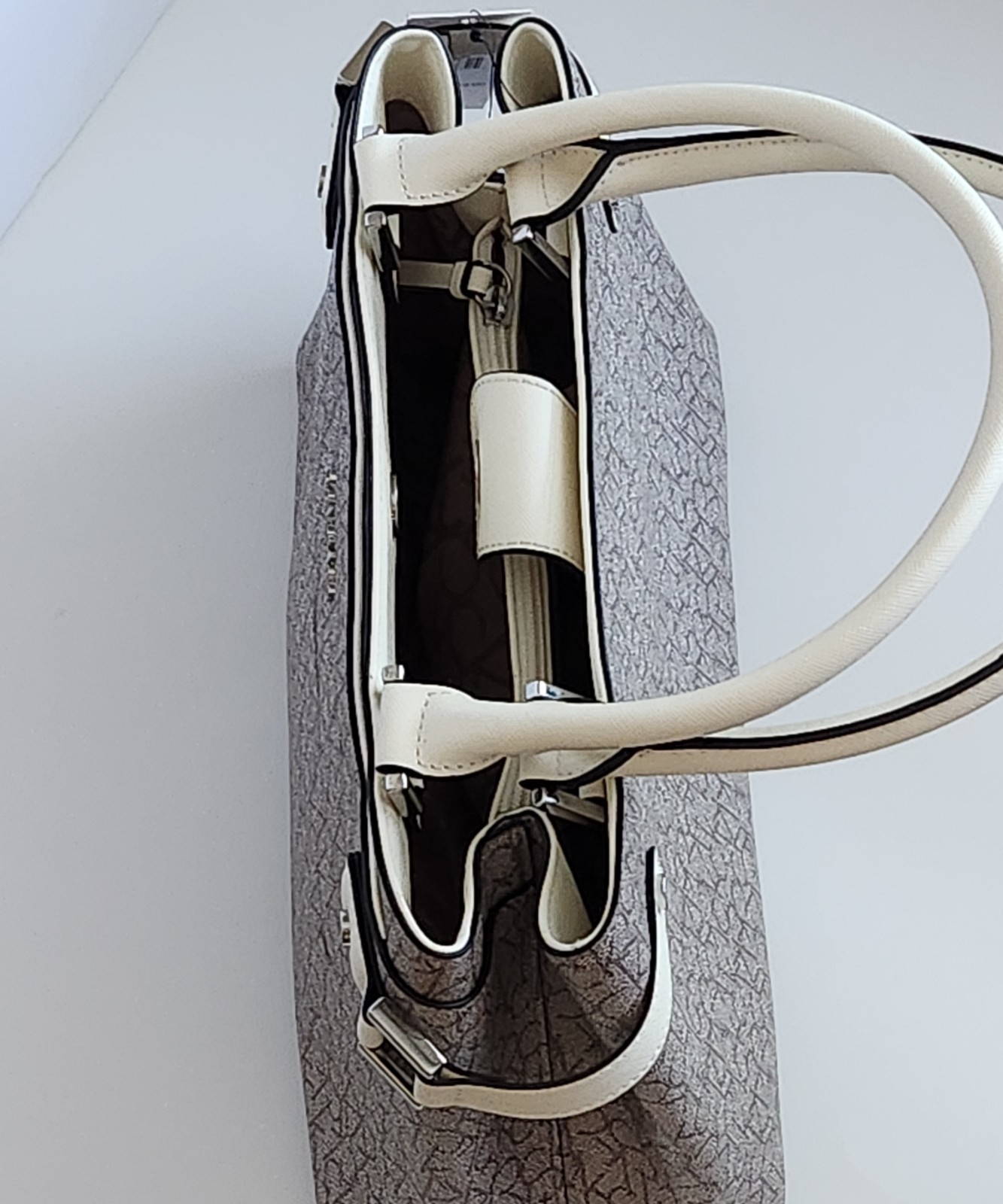 NEW Calvin Klein (CK) Monogram Signature Tote Handbag Almond Beige White Purse