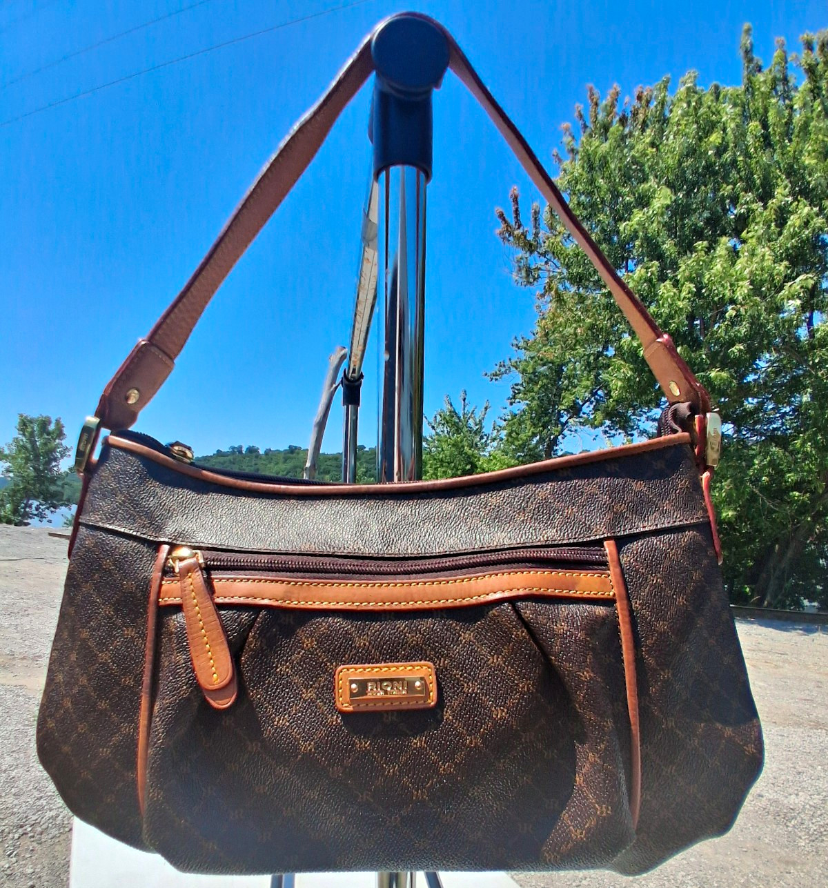 Rioni Brown Logo Shoulder Bag, Zip Top, Gold Hardware, Inner/Outer Pockets