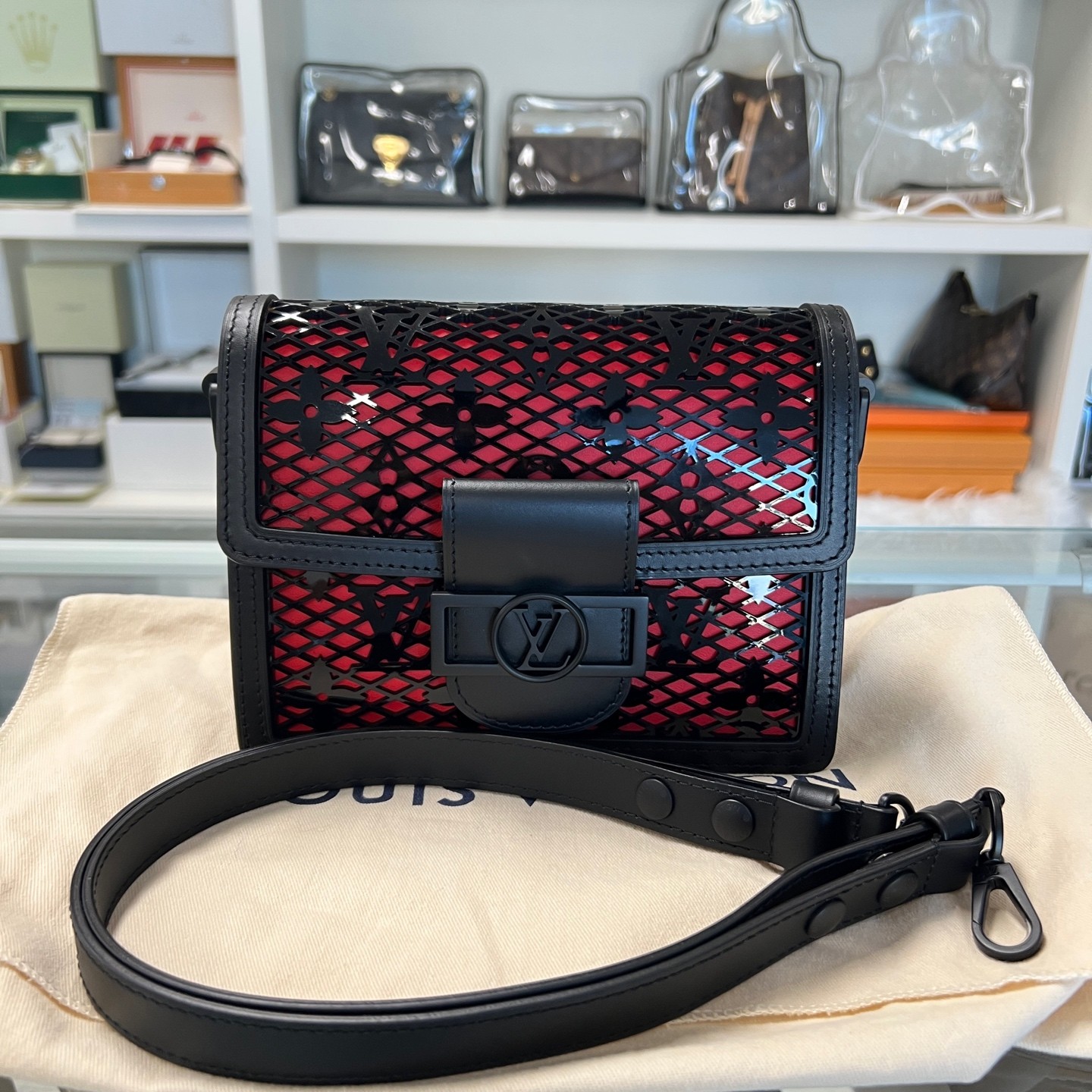 Louis Vuitton Dauphine Small Black Red Perforated Calf Leather Crossbody Duty Pa