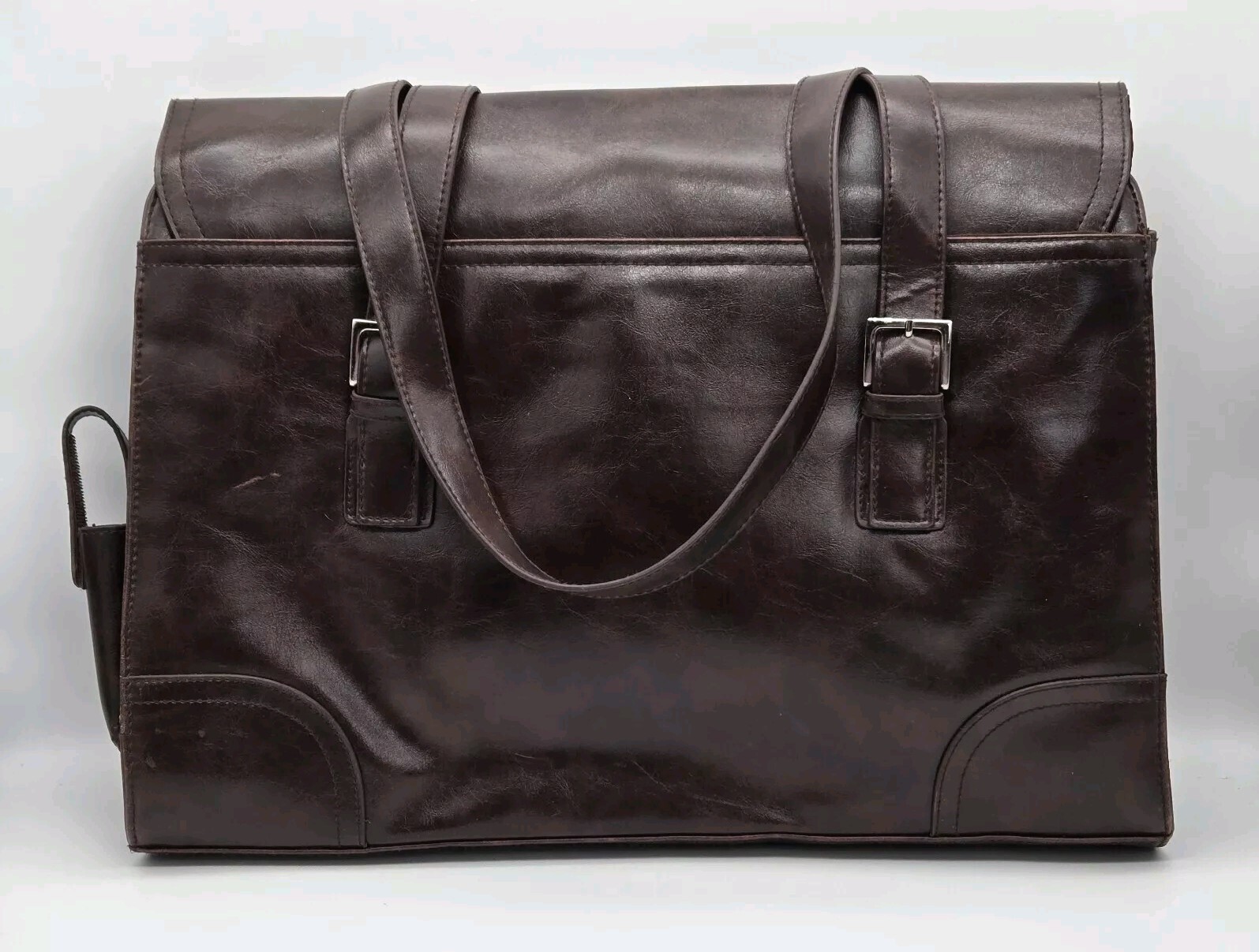 Worthington Messenger Bag Large Brown Vinyl Tote 16”x 12” Shoulder Straps VTG