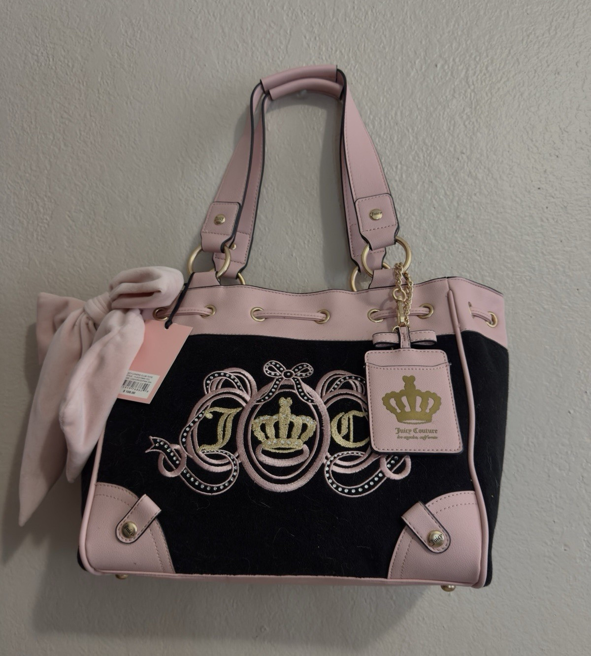Juicy Couture Black Pink Medium Tote Drawstring Bow Rhinestone Charm Crown