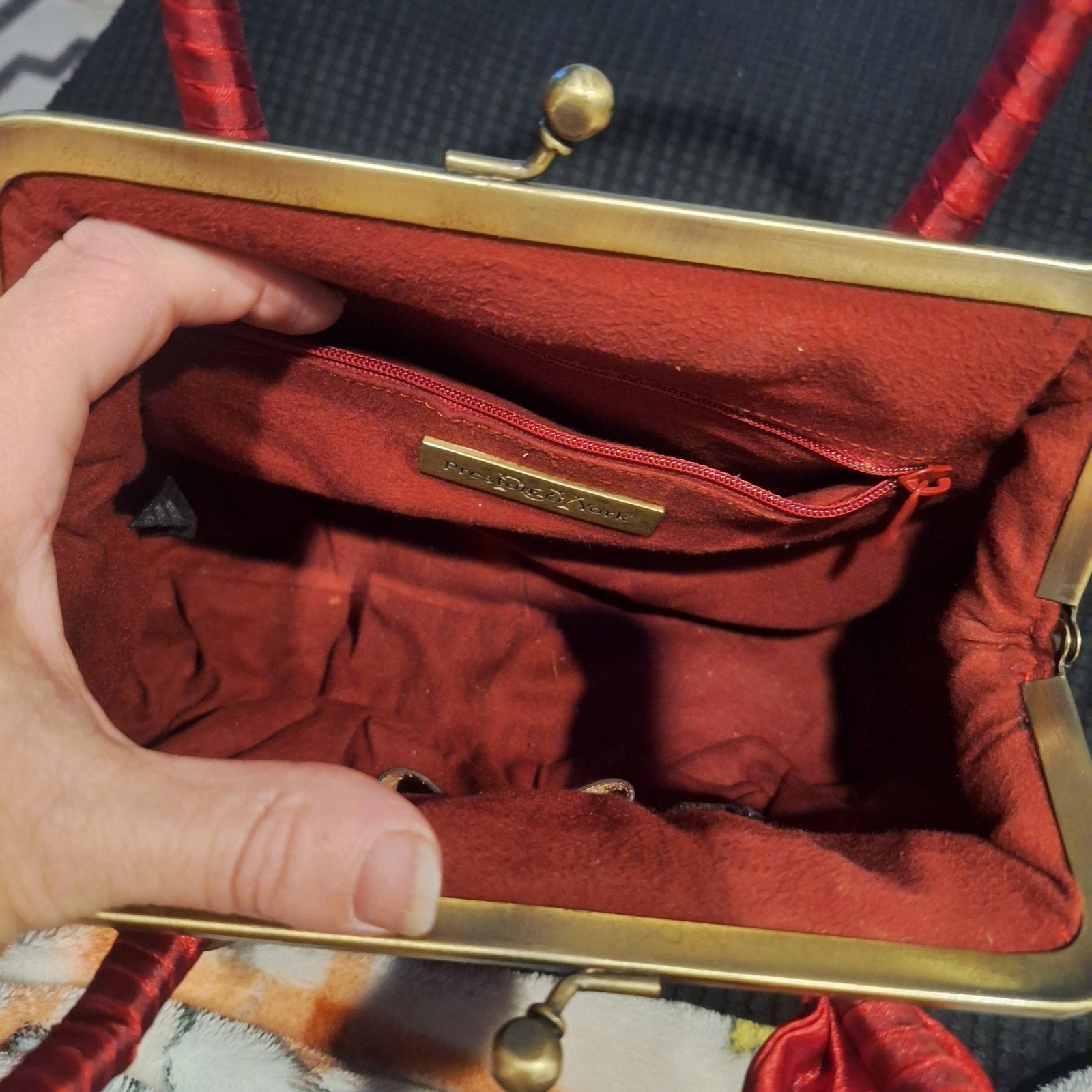 Crocodile Leather Frame Handbag W/ Kiss Lock Closure And Red Handle