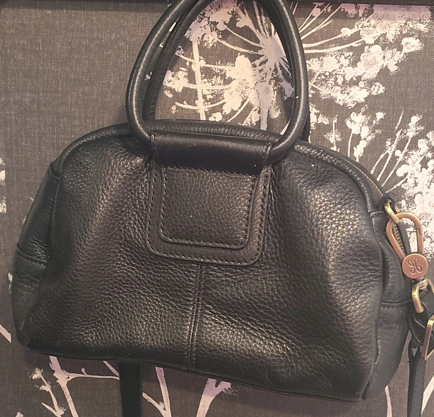 HOBO Small Black Cow Print Removable Cross Body Strap Top Zip Gold Hardware