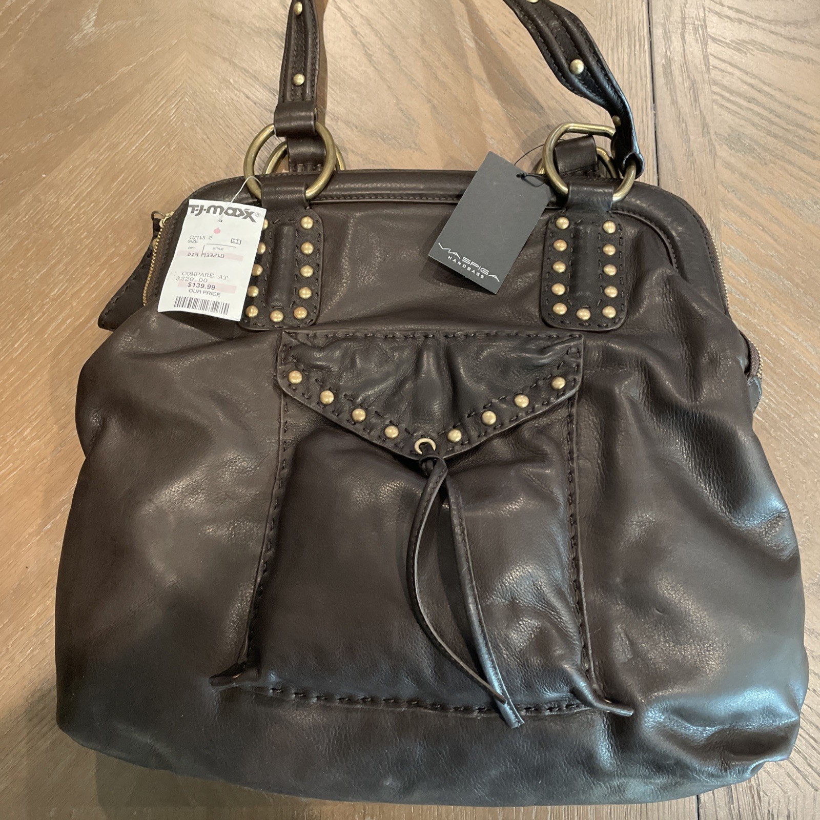 Via Spiga Brown Leather Purse Gold Studded Trim Shoulder Bag Handbag Pockets
