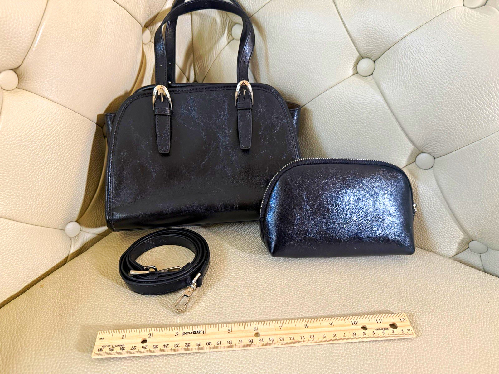 Women’s Black Satchel Top Handle Bag Double Handles Detachable Strap Zip Pouch