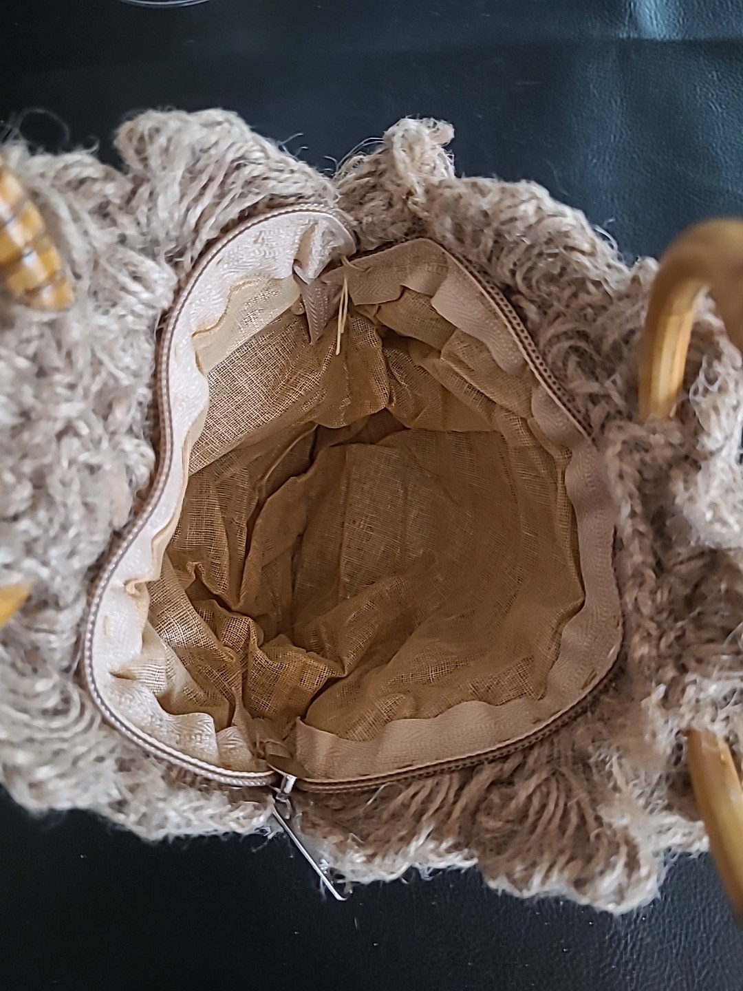 Handmade Jute Purse 8in Round Crochet Rose Wristlet Bamboo Handles Zippered
