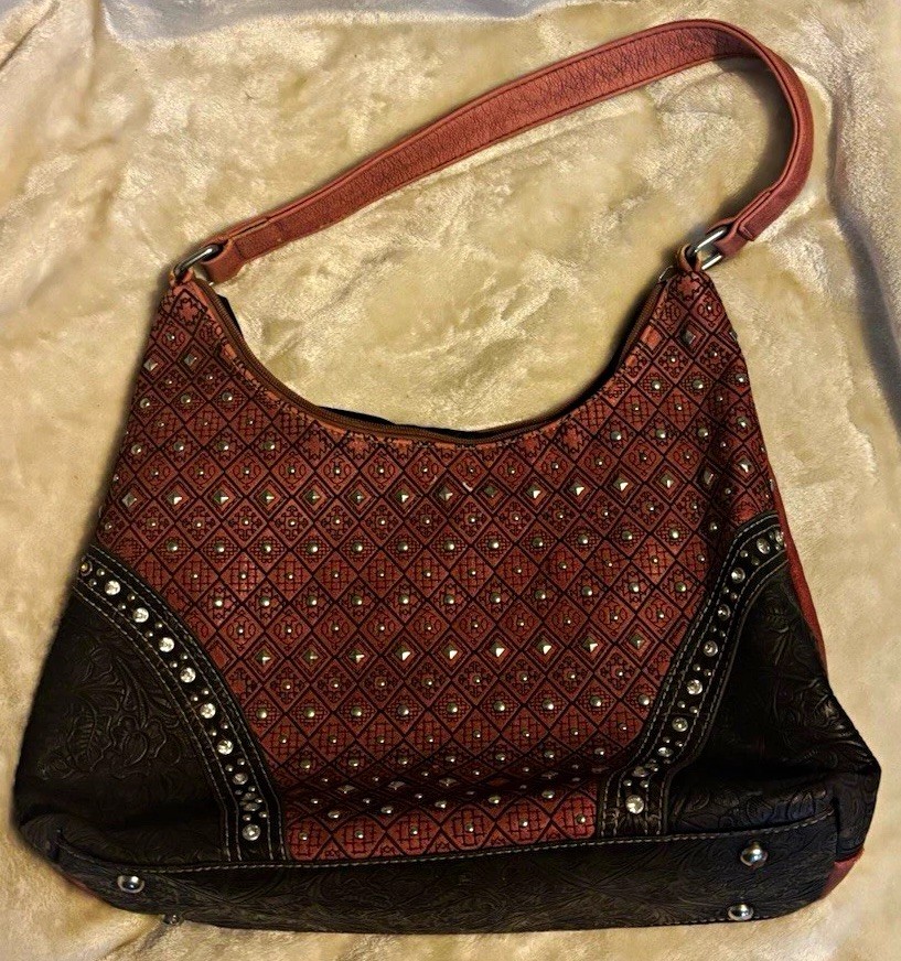 Brown Studded Crescent Shoulder Bag Purse, Zip Closure, Pockets, Lined