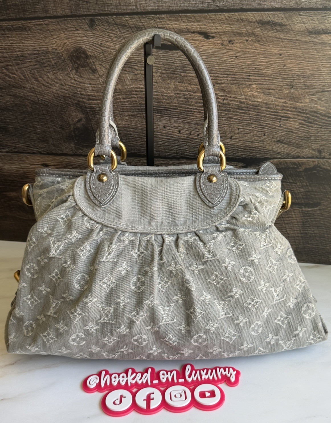 Authentic Louis Vuitton Neo Cabby Gray Denim Two Way Wear Shoulder Tote Handbag