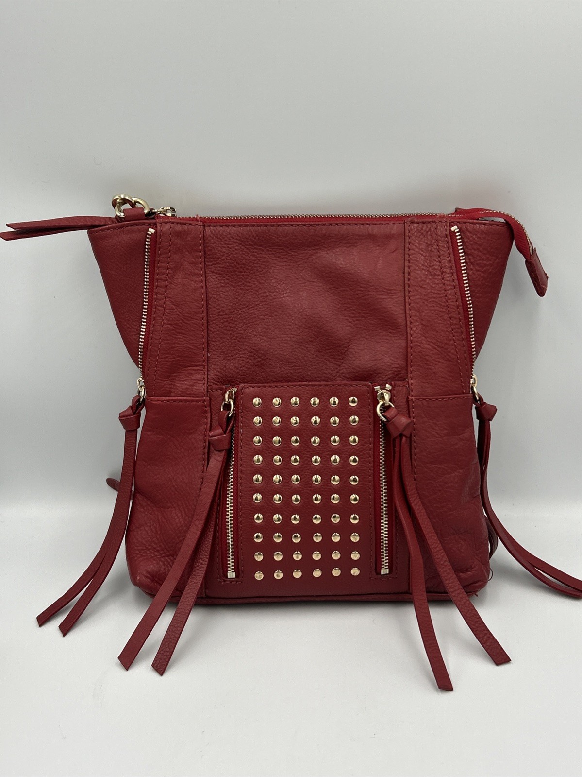 Pebbled Red Leather Kooba Crossbody Shoulder Bag Studded Rock Grunge Punk Y2K