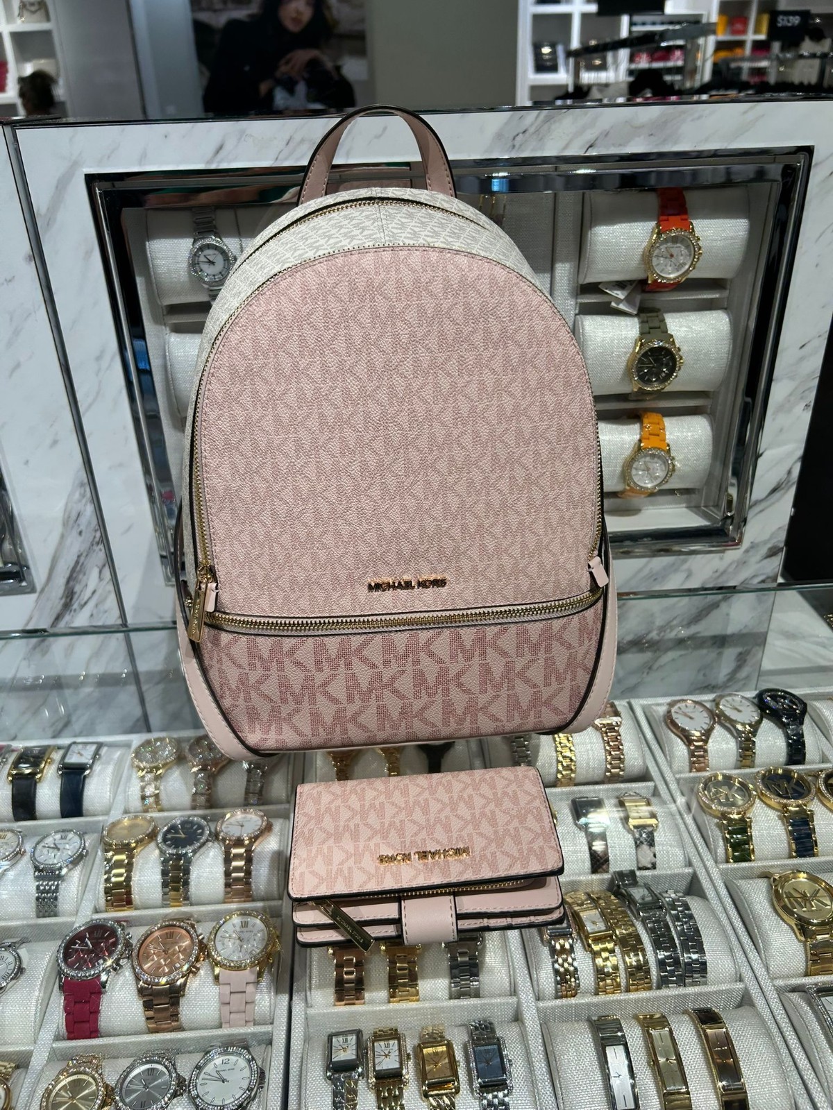 Michael Kors Rhea Medium Backpack Women PVC Bag + Bifold Wallet Set Powder Blush
