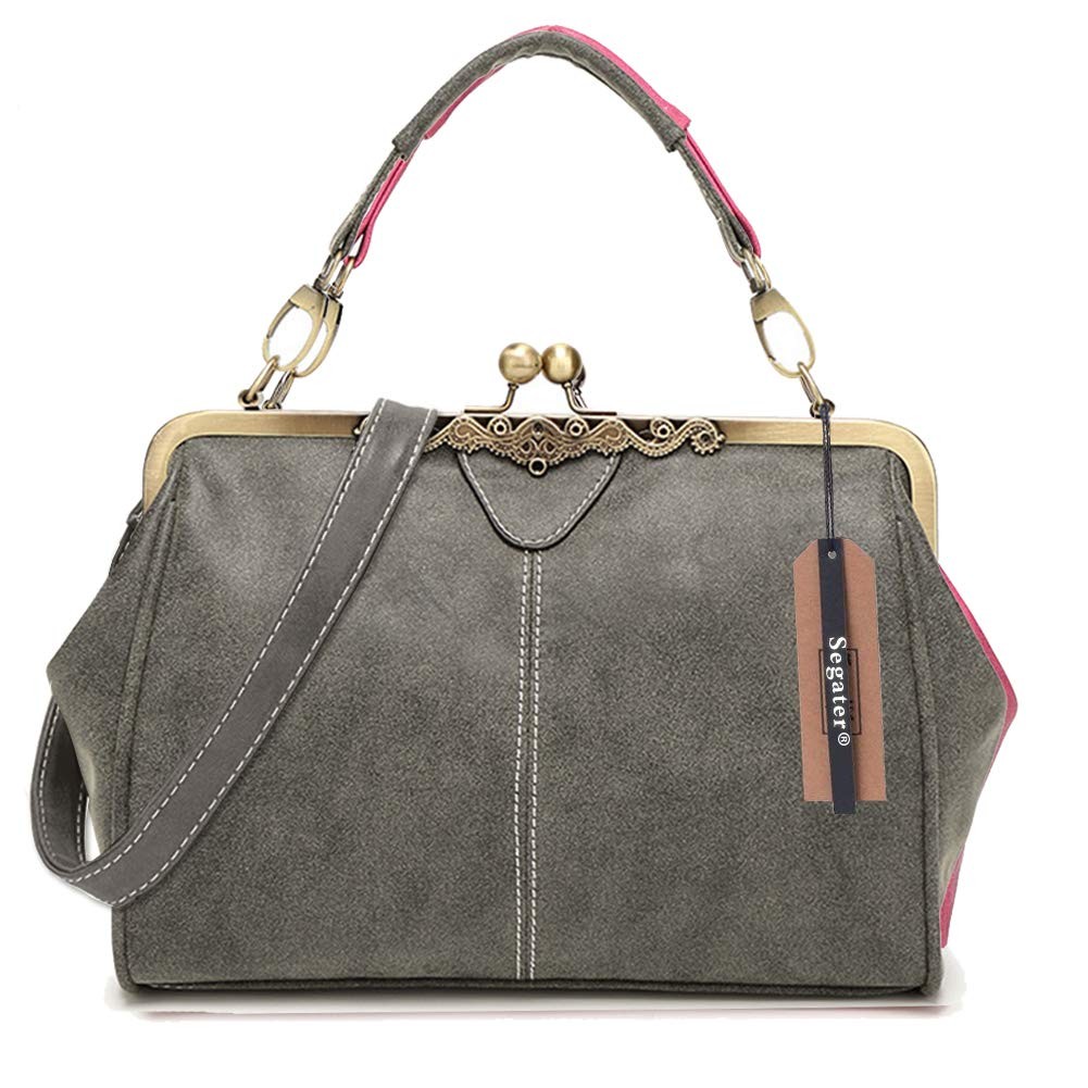 Vintage Small Handbags Kiss Lock Crossbody Purse Frosted Leather Messenger Ba…