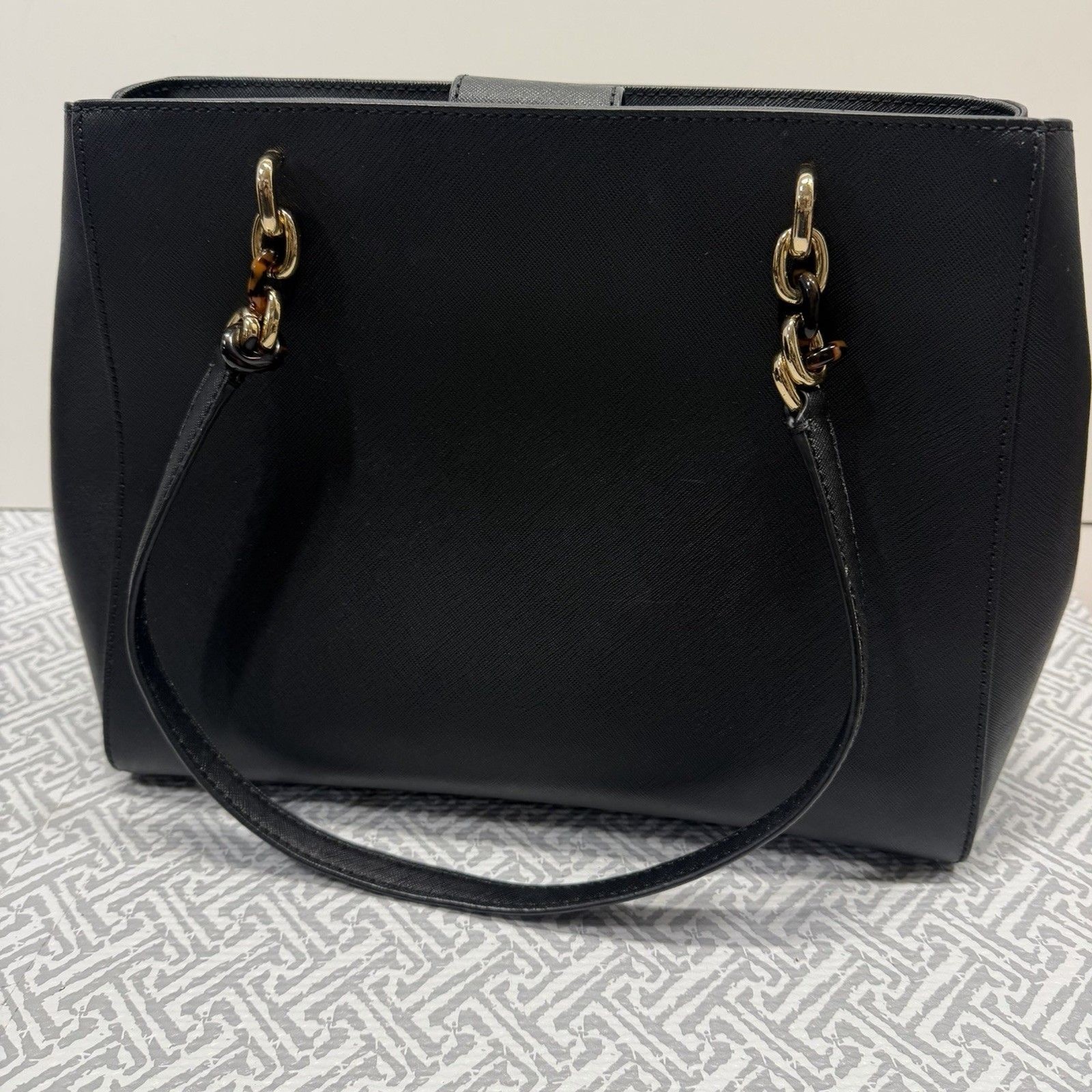 Michael Kors Sofia Large Tote Black Saffiano Leather Gold Chain MK Logo Charm