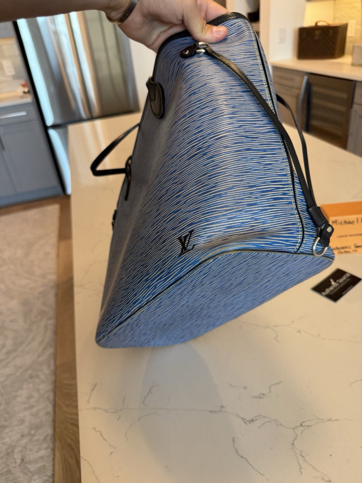 Louis Vuitton Neverfull MM Epi Blue/Black Tote Bag w/ Pouch & Strap