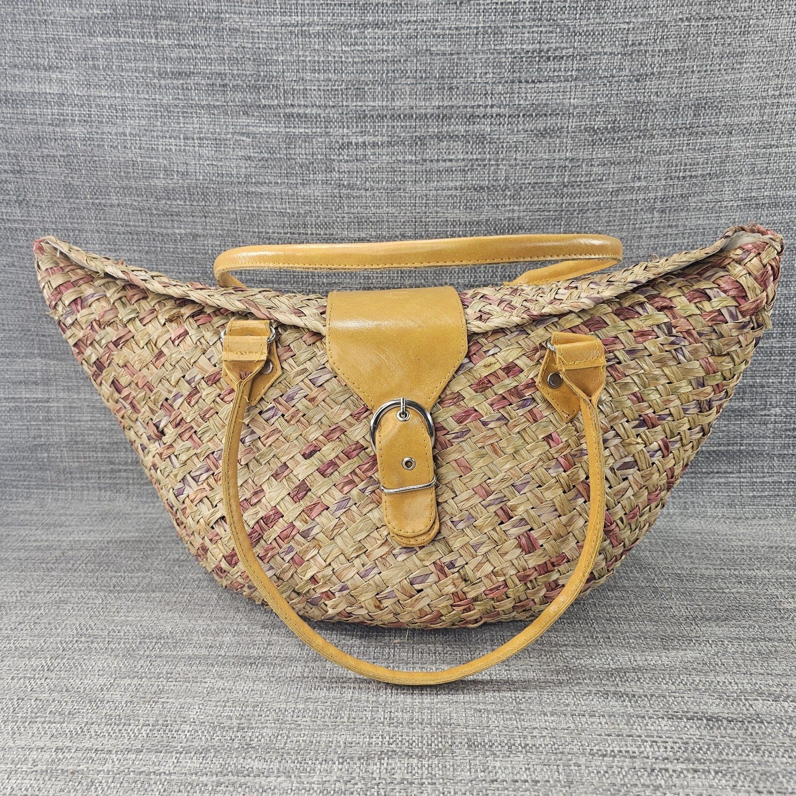 Wicker and Leather Strap Semicircle Handbag Purse Hobo Tote Shoulder Bag