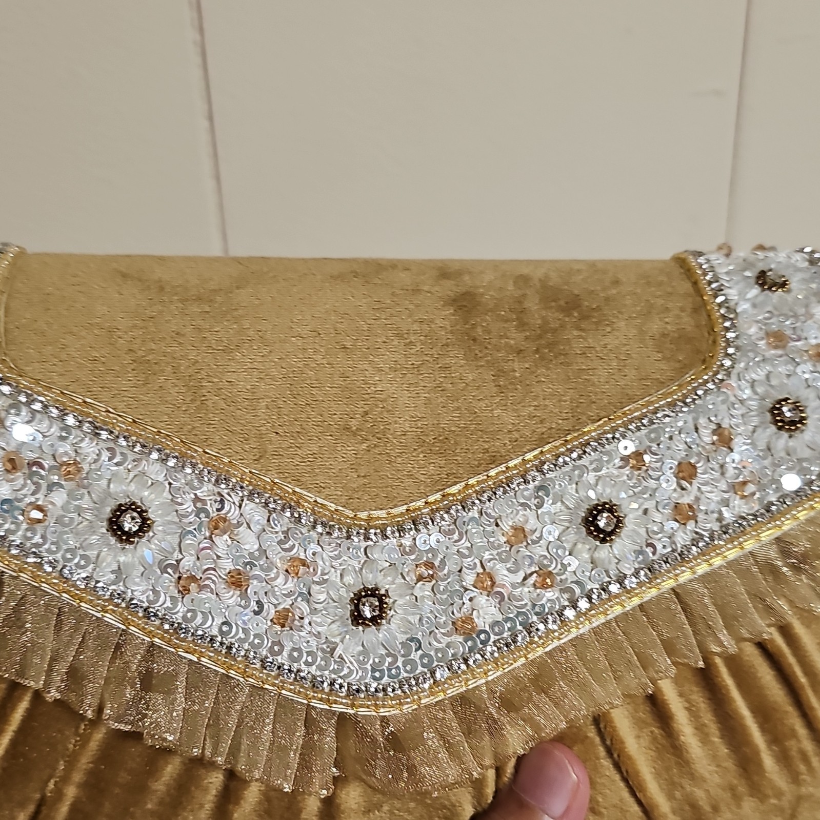 Women’s Gold Beaded Sequin Fringe Rectangle Clutch Zip Lined Pockets Charm