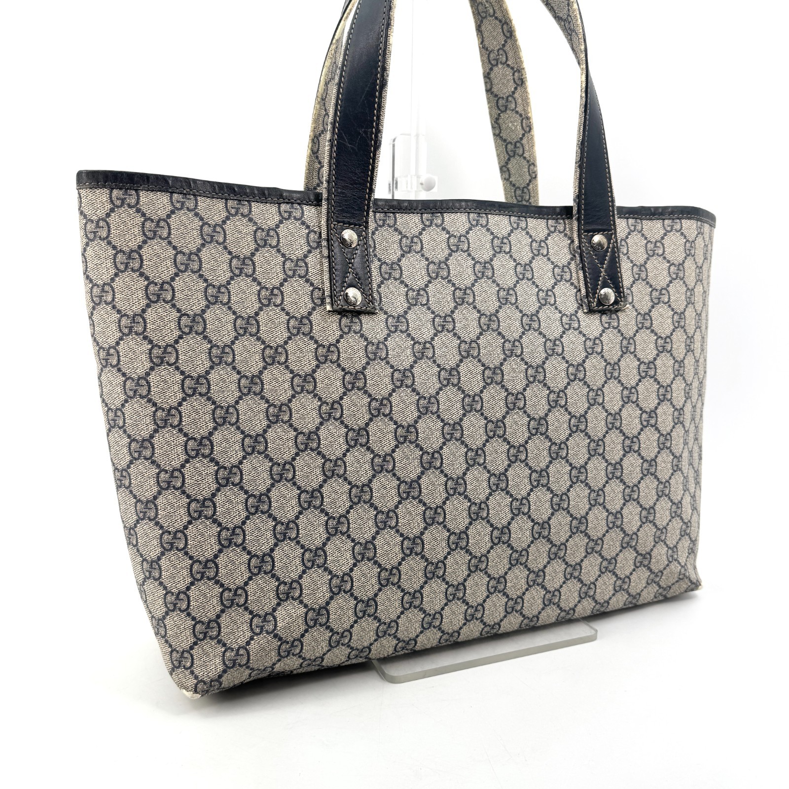 GUCCI GG Supreme Sherry Tote Bag PVC leather navy authentic