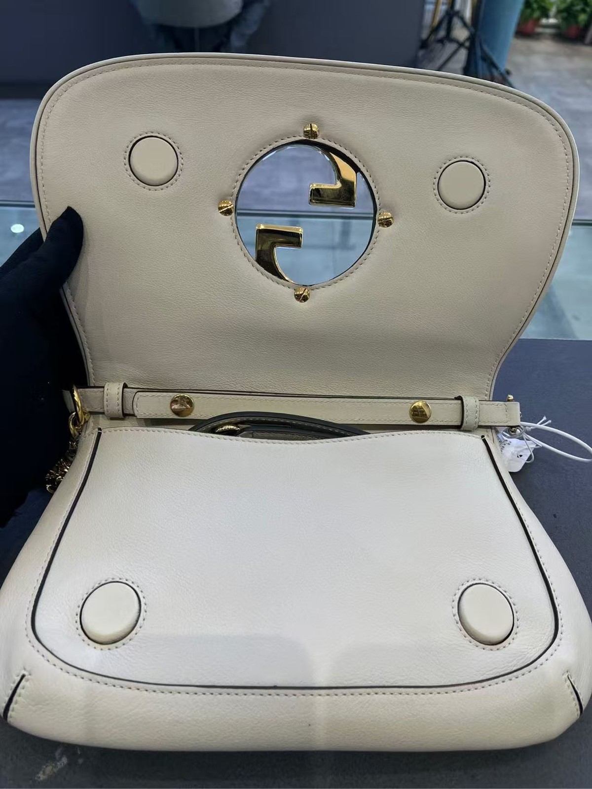 Auth Gucci Blondie Mini White Leather Shoulder Bag 21.5cm GG Logo Chain