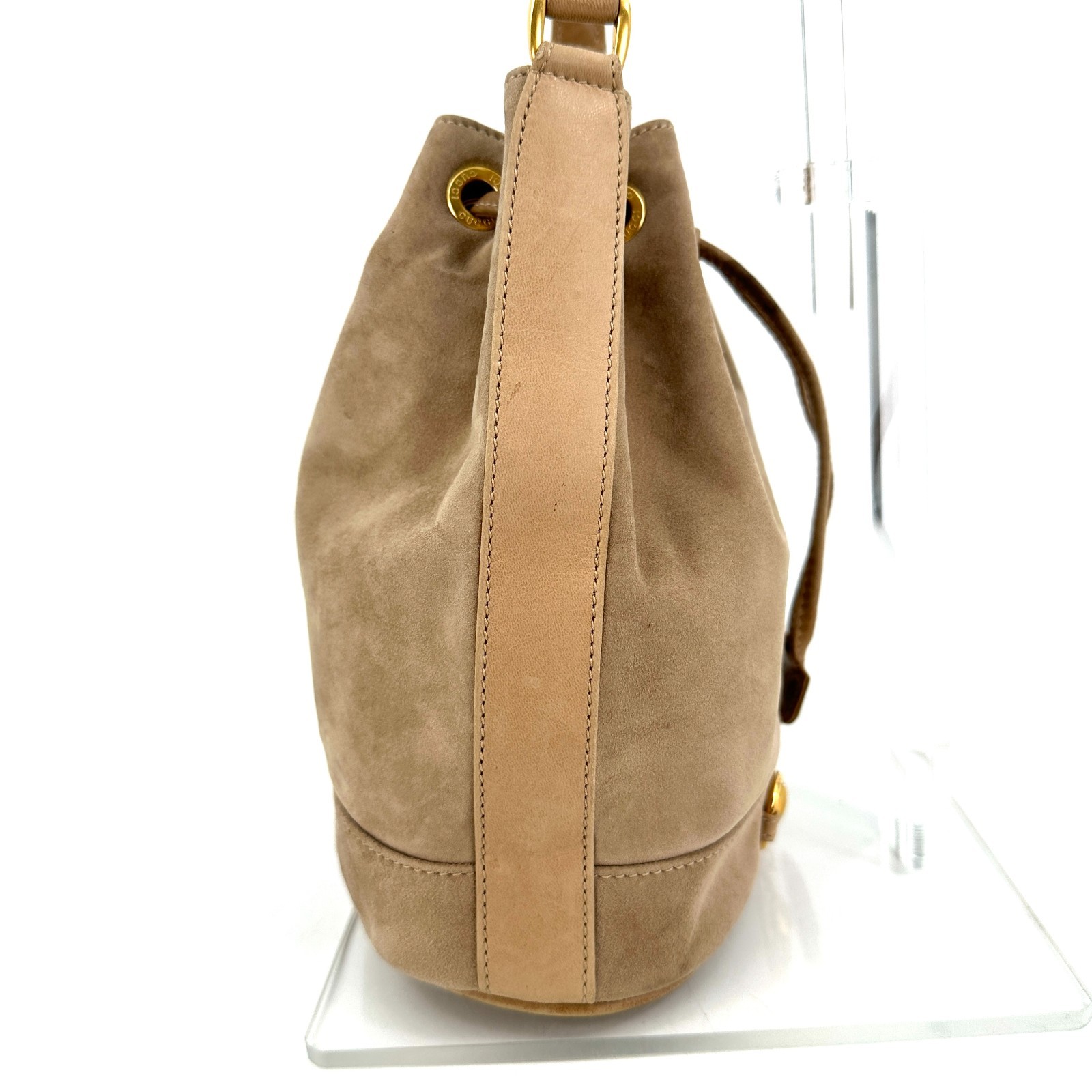 GUCCI Horsebit Suede Drawstring bag Beige Suede Authentic