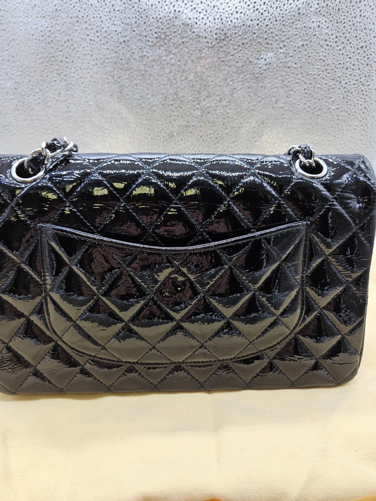 Authentic CHANEL Classic Quilted Patent Leather Double Flap Bag – Black
