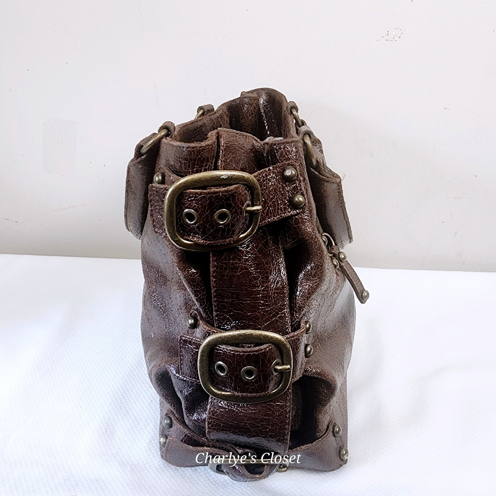 KOOBA Brown Distressed Leather Brass Studded Satchel Bag Boho Statement Edgy