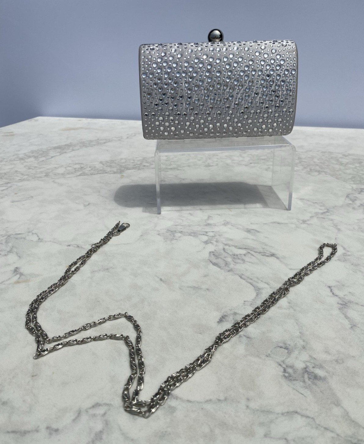 Camille La Vie Satin Silver Hard Case Rhinestones Clutch/Chain Handbag