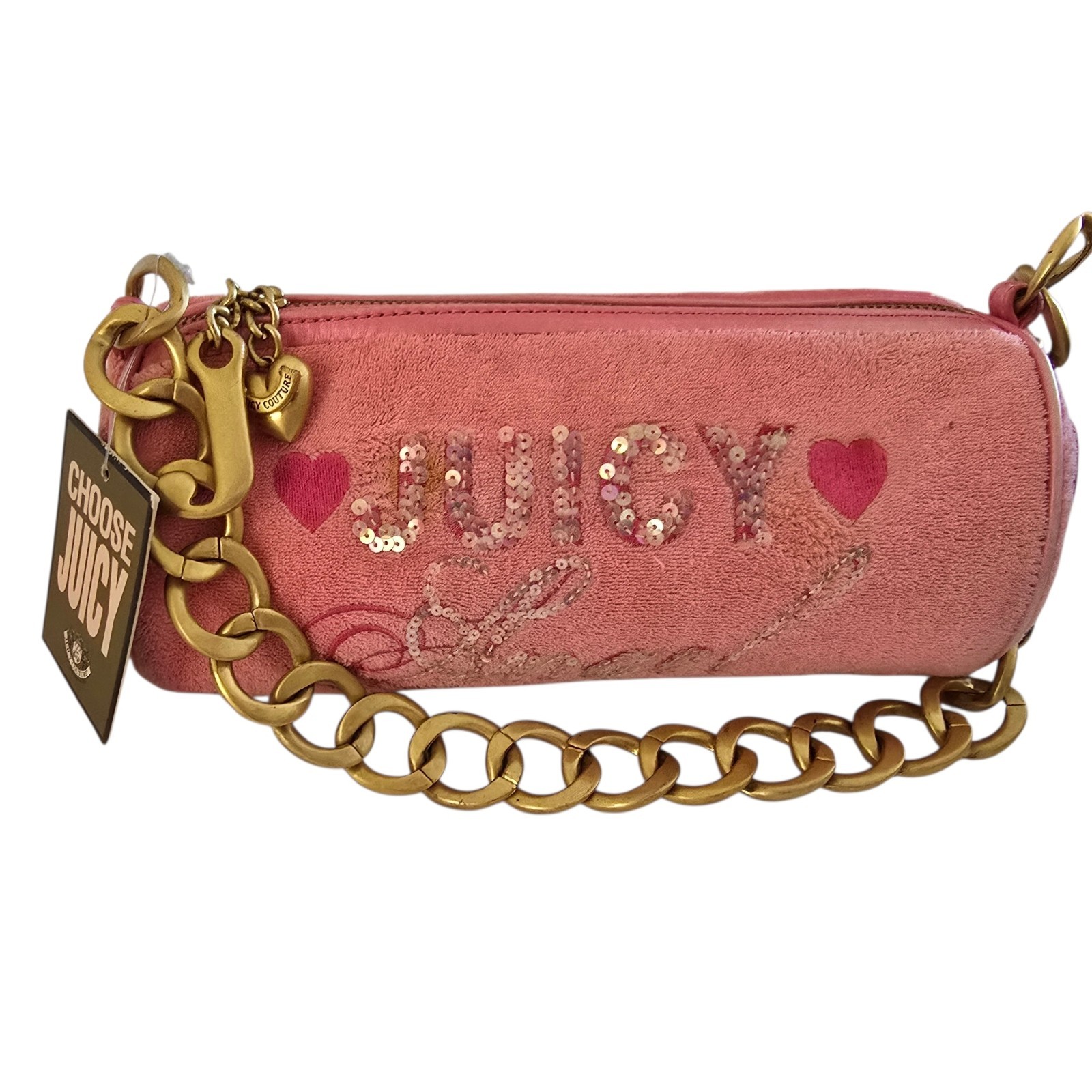 Vintage Y2K Juicy Couture Juicy Angel Pink Terry Sequin Barrel Chain Bag NEW